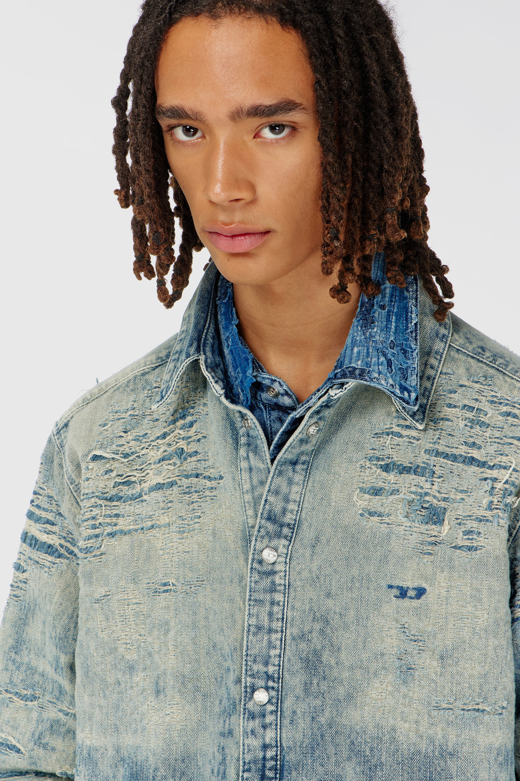 Diesel - D-SIMPLY, Man's Shirt in distressed-effect jacquard denim in Medium blue - 5