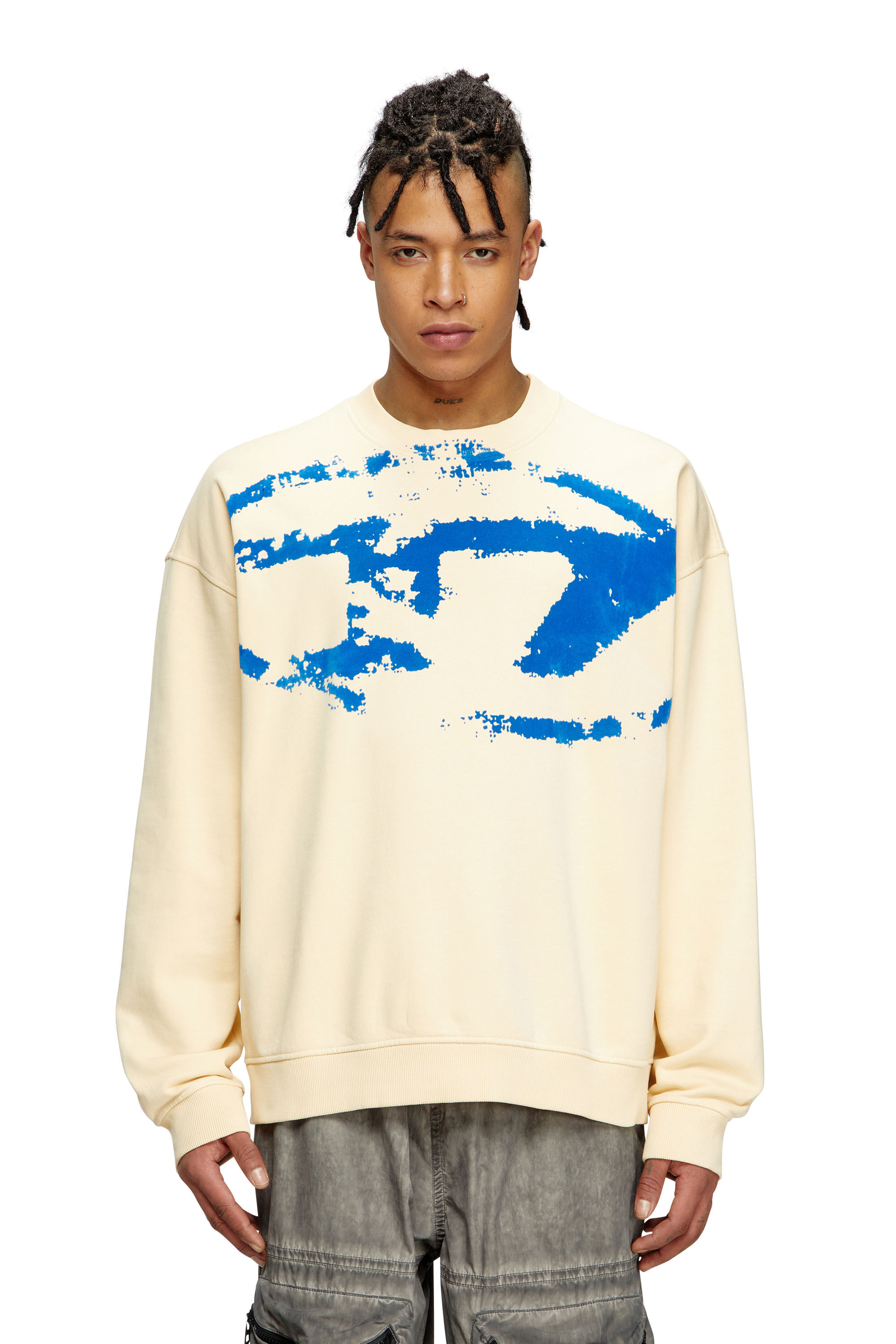 Diesel - S-BOXT-N5, Man's Sweatshirt with distressed flocked logo in Beige/Blue - 3