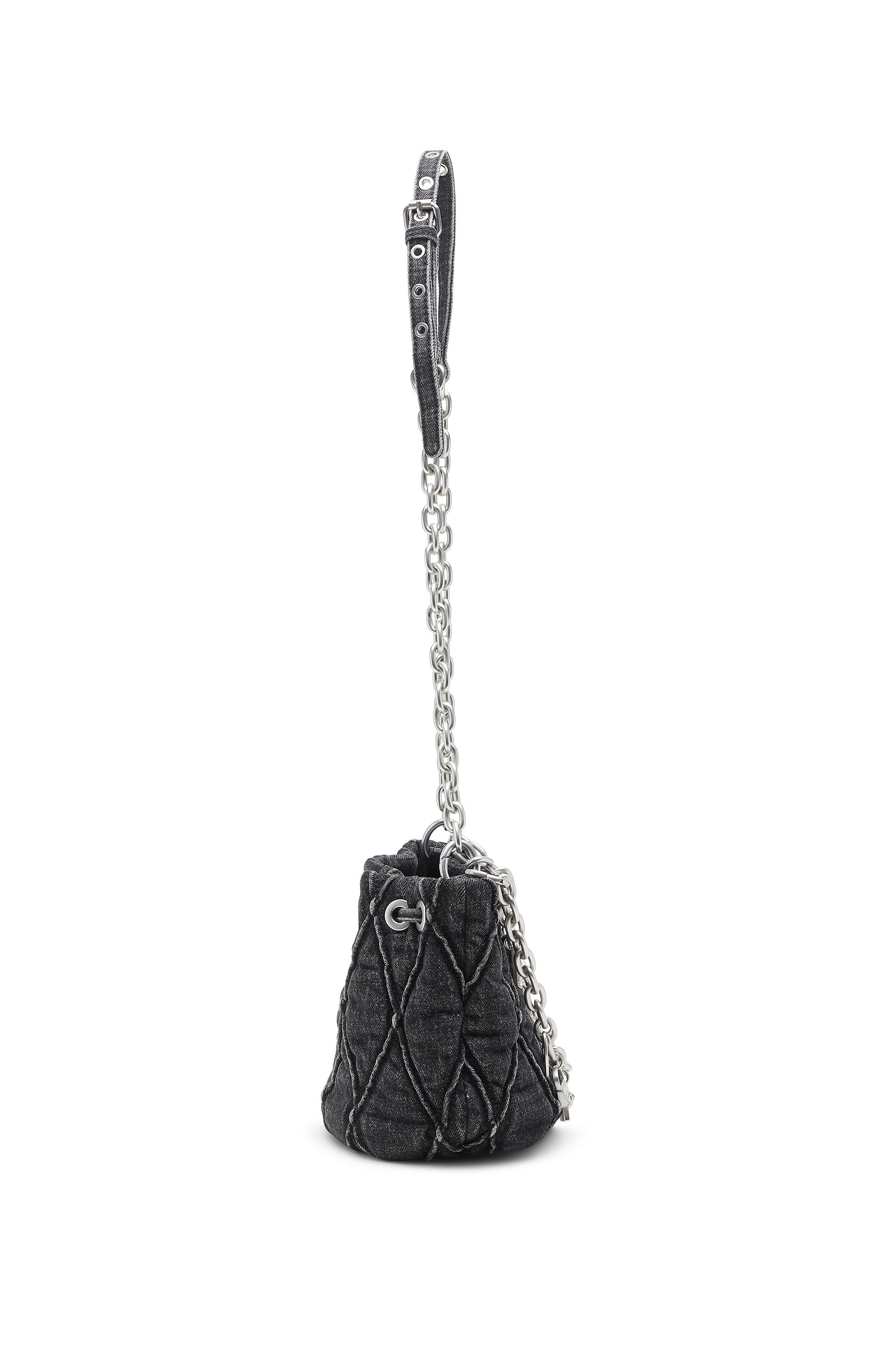 Diesel - HOSHI CHARM-D BUCKET S, Woman's Quilted-denim bucket bag with chain charms in Black - 4