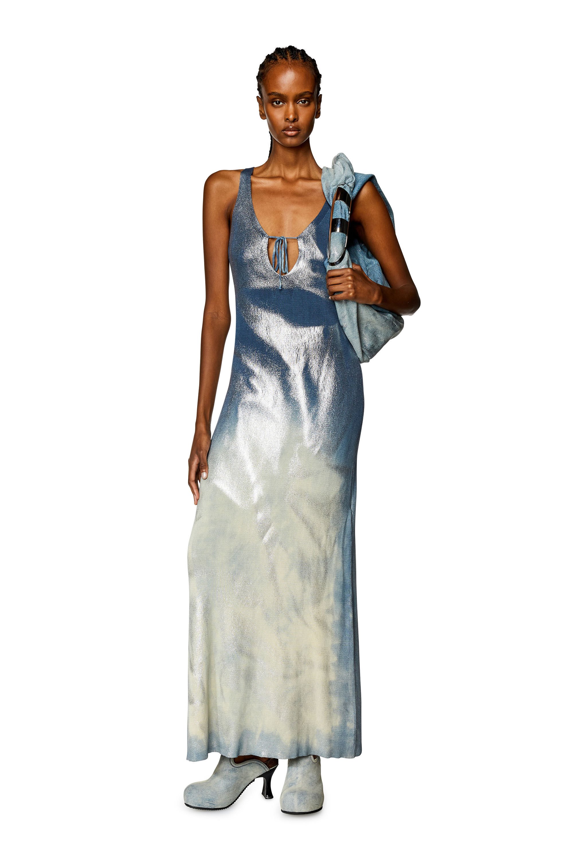 Diesel - M-IDELLE, Woman Long knit dress with metallic effects in Blue - Image 1