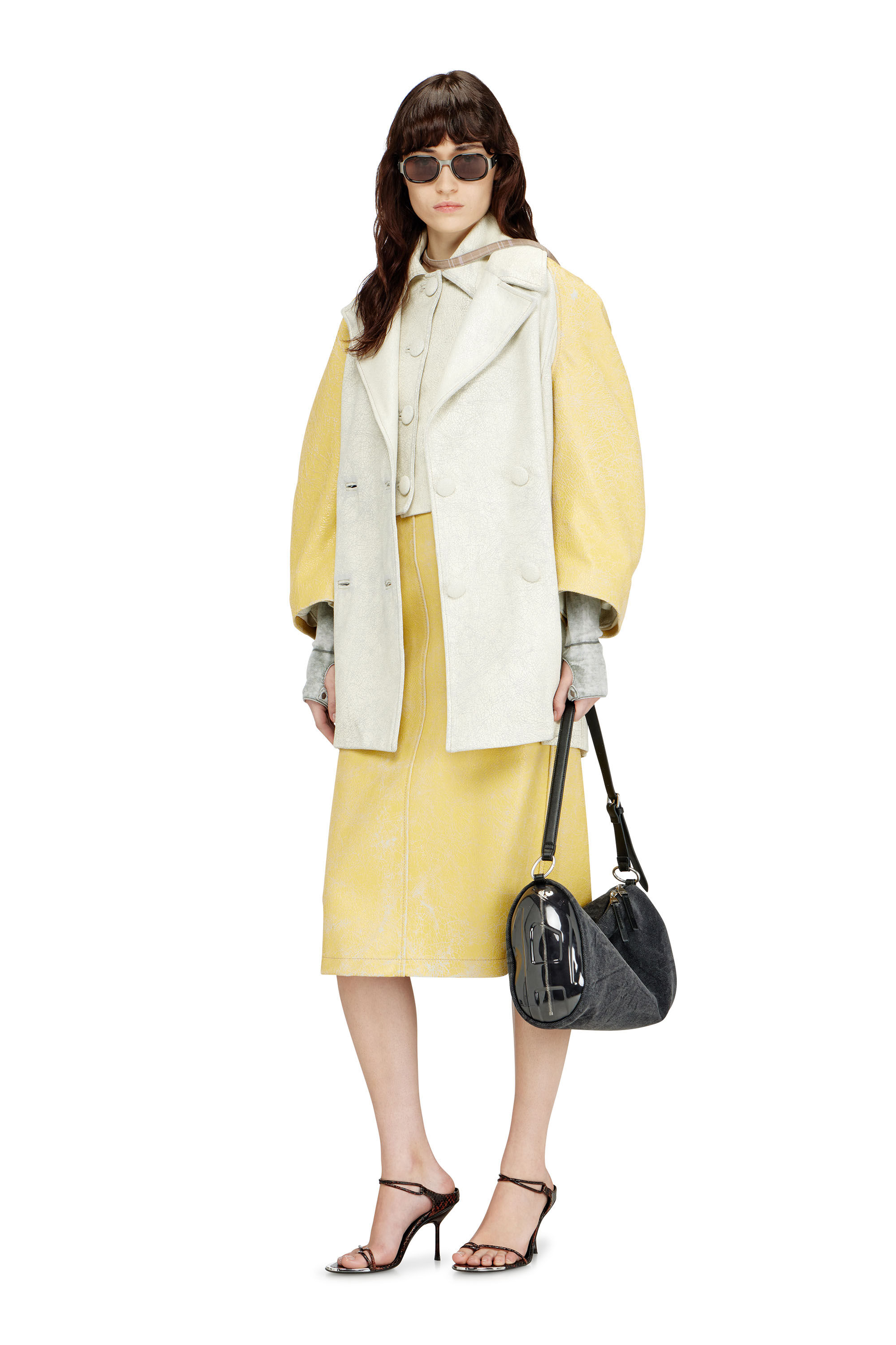 Diesel - L-UPIN, Woman's Cocoon-sleeve peacoat in cracked leather in White/Yellow - 1