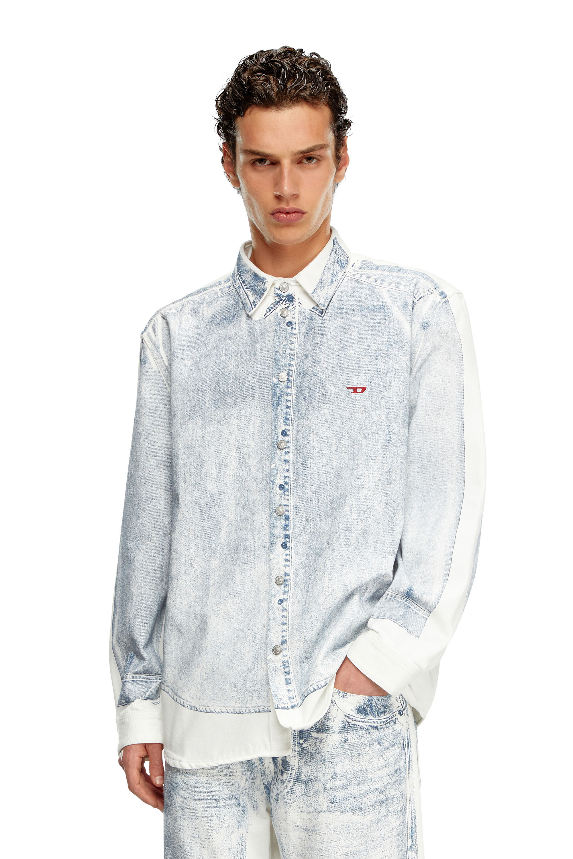 Diesel - D-SIMPLY-OVER-S, Man Denim shirt with trompe l'oeil print in Multicolor - Image 3