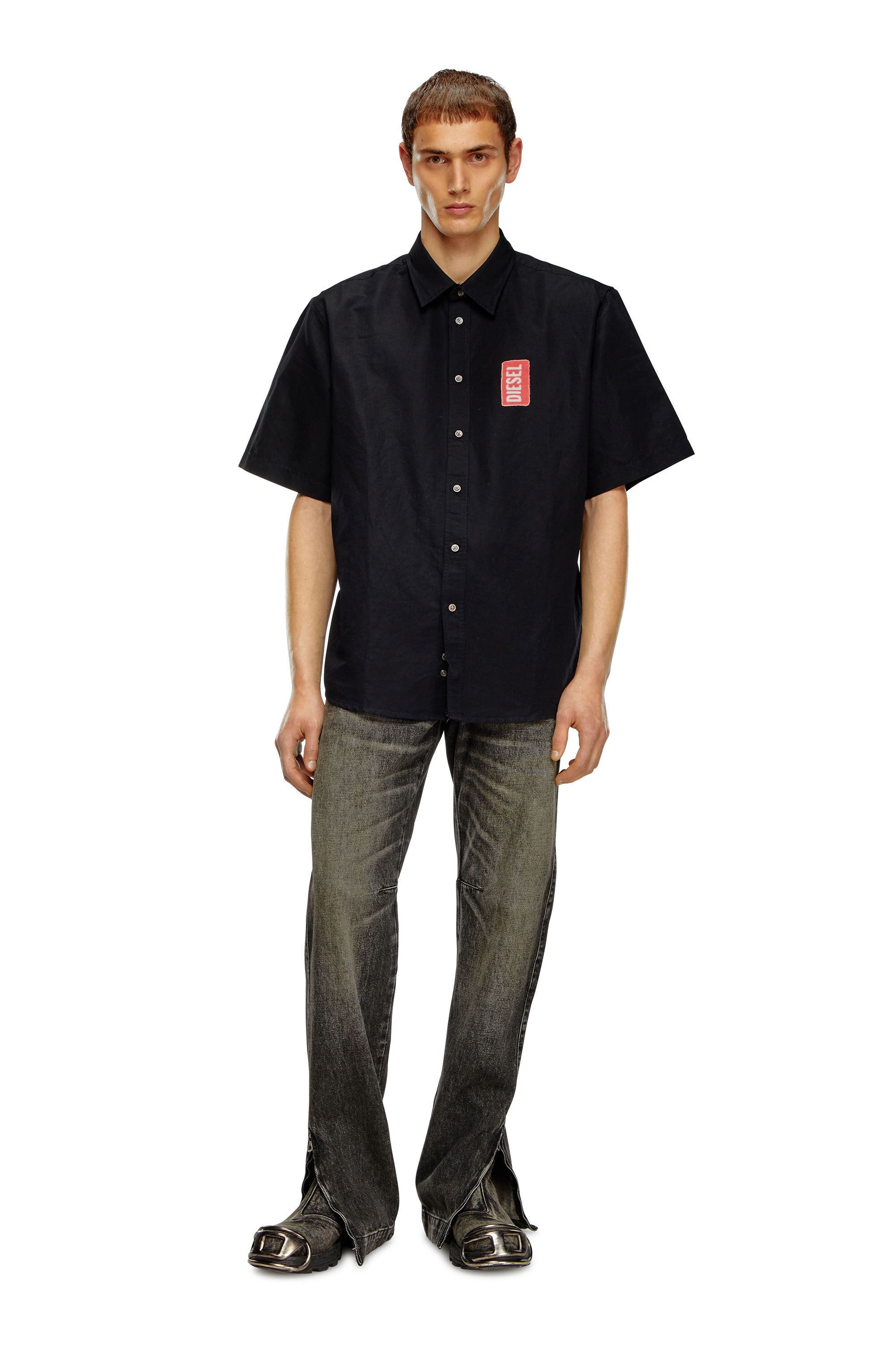Diesel - S-ELIAS-A, Man Printed linen-blend short-sleeve shirt in Black - Image 1
