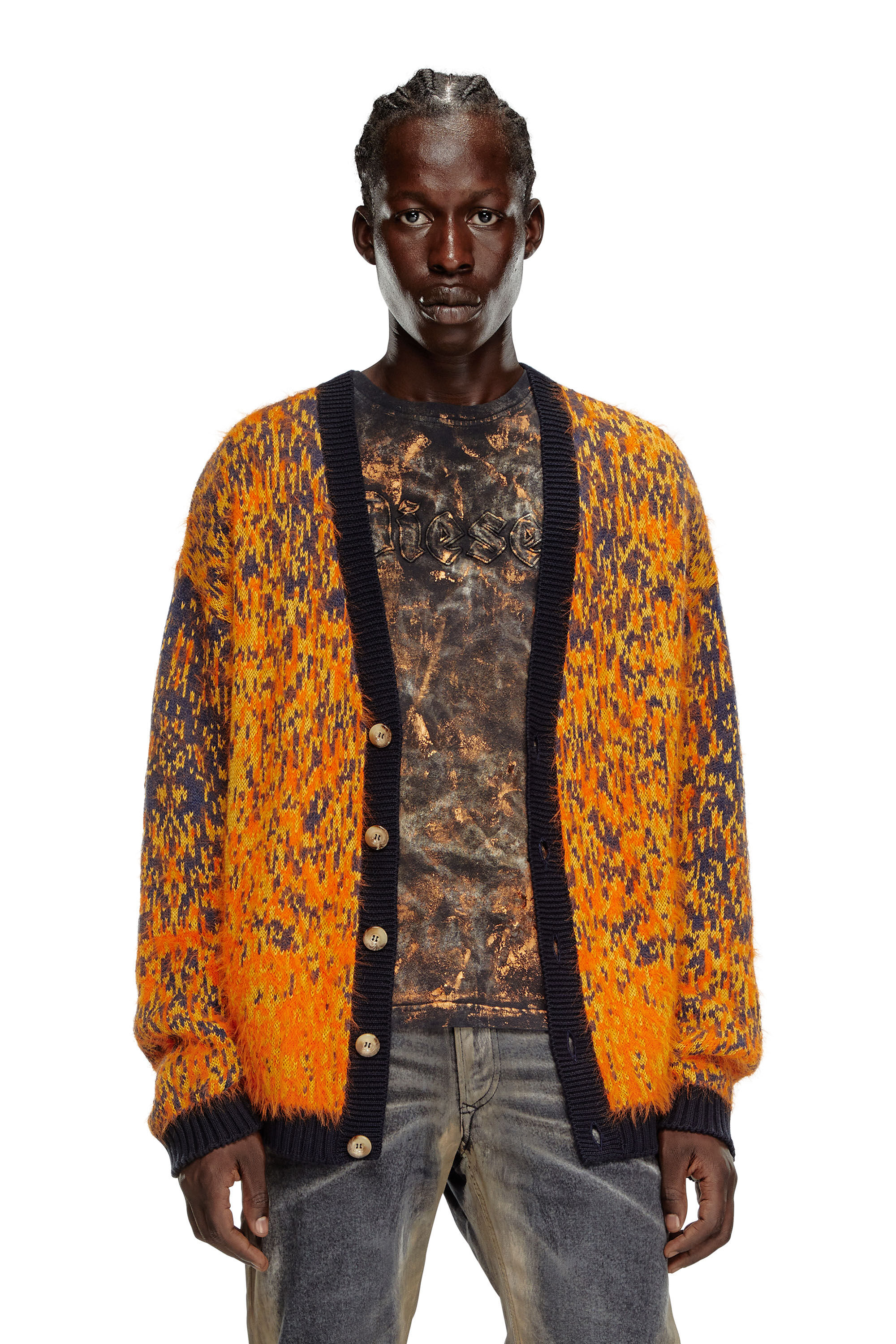 Diesel - K-RANGER, Man Fuzzy cardigan with abstract pattern in Orange - Image 3