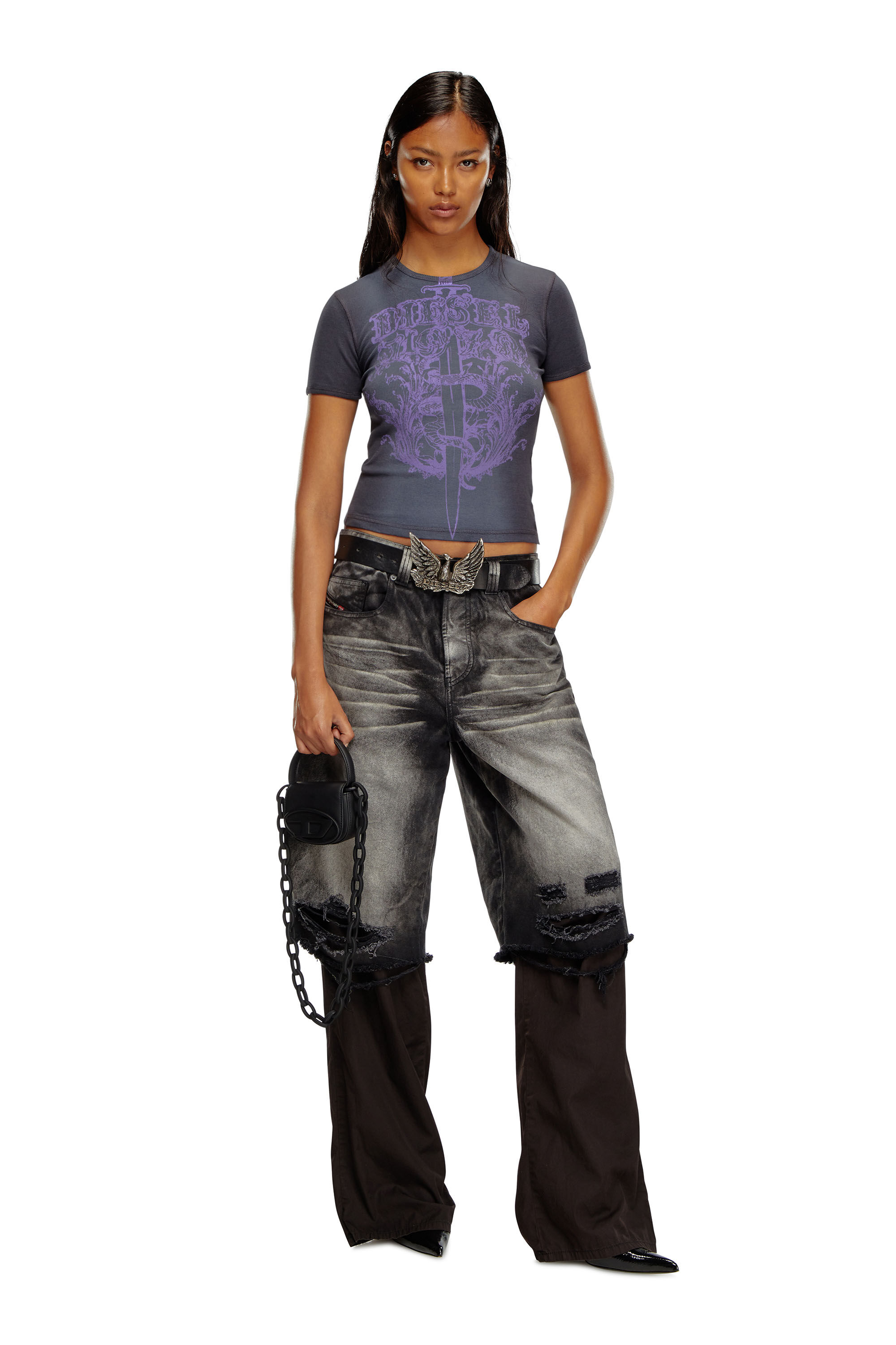 Diesel - T-ELE-LONG-P1, Woman Ribbed T-shirt with Diesel sword print in Multicolor - Image 1