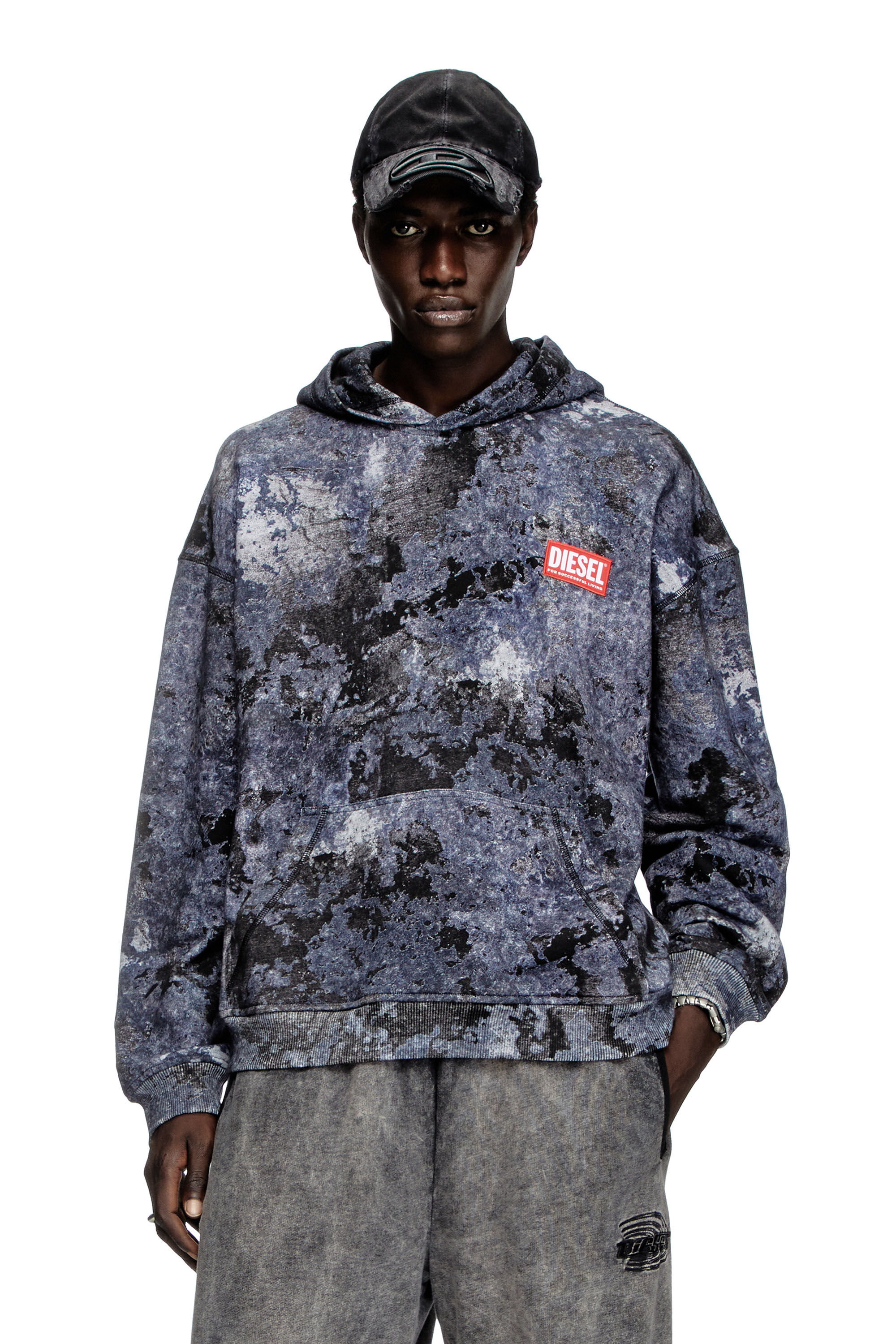 Diesel - S-BOXT-HOOD-R8, Man's Marble-effect burnout hoodie in Blue - 3