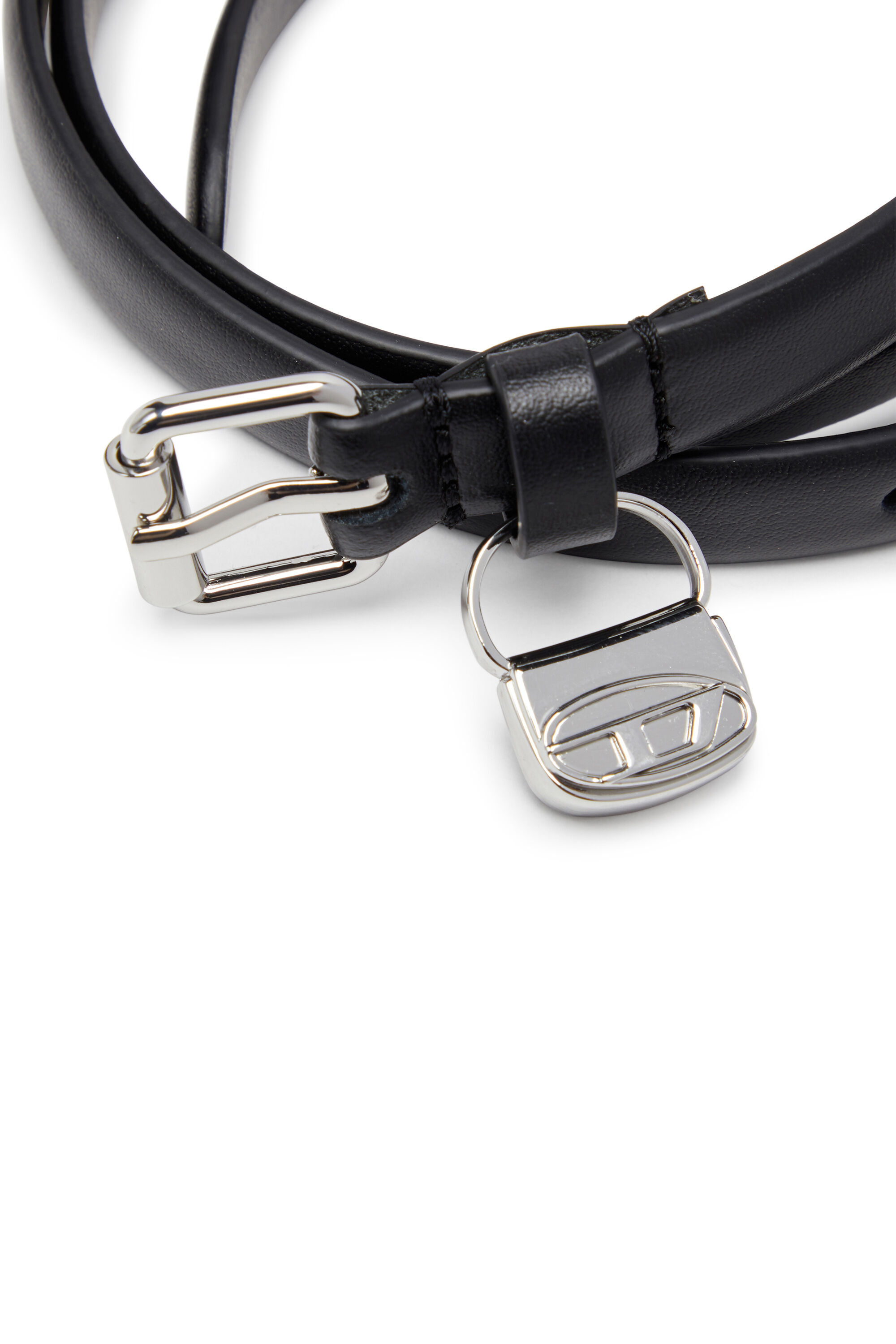 Diesel - B-CHARM HIP, Woman's 1.4cm slim leather belt with 1DR bag charm in Black - 3