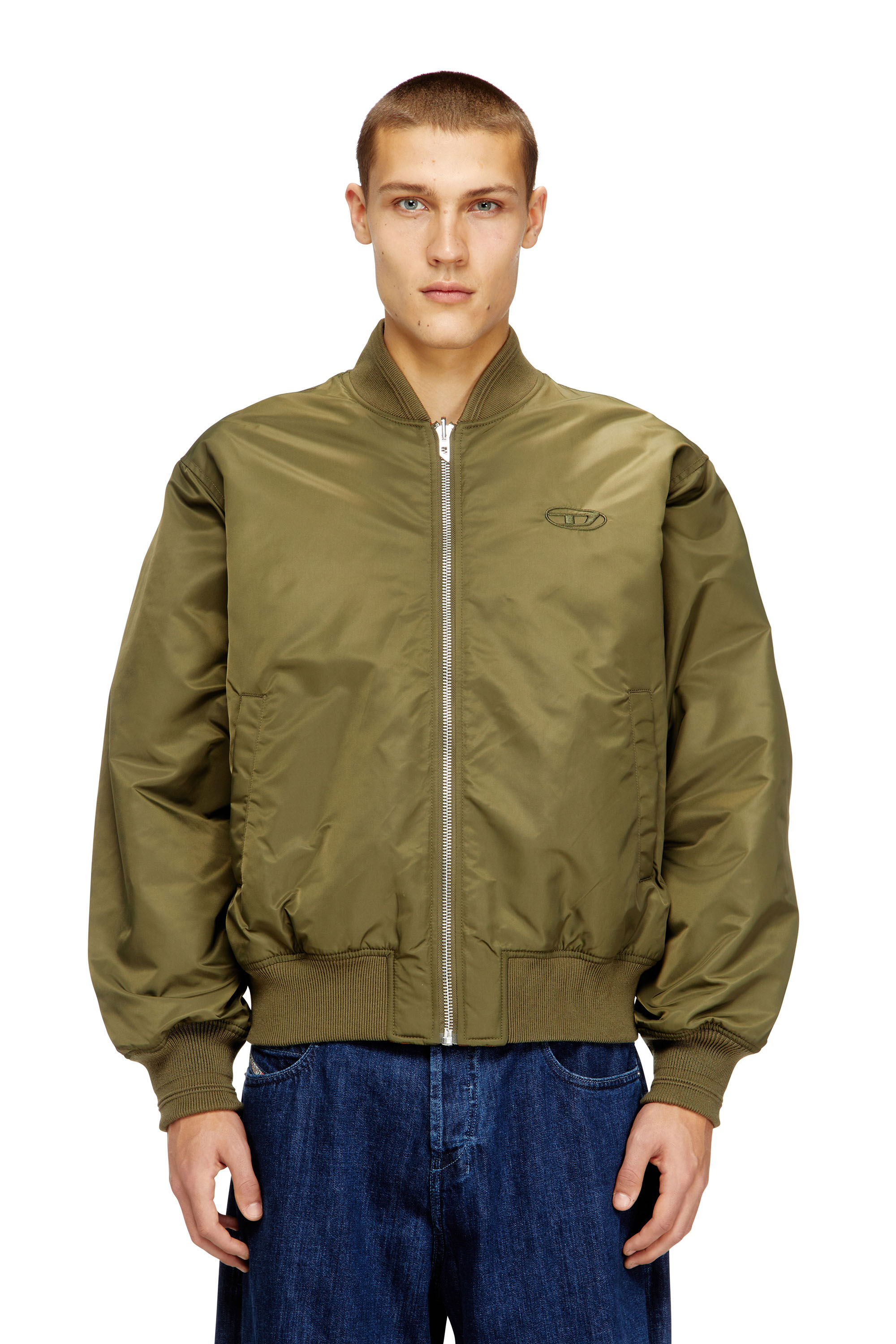 Diesel - W-TYPE-D1, Man's Padded bomber jacket with Oval D embroidery in Green/Orange - 3