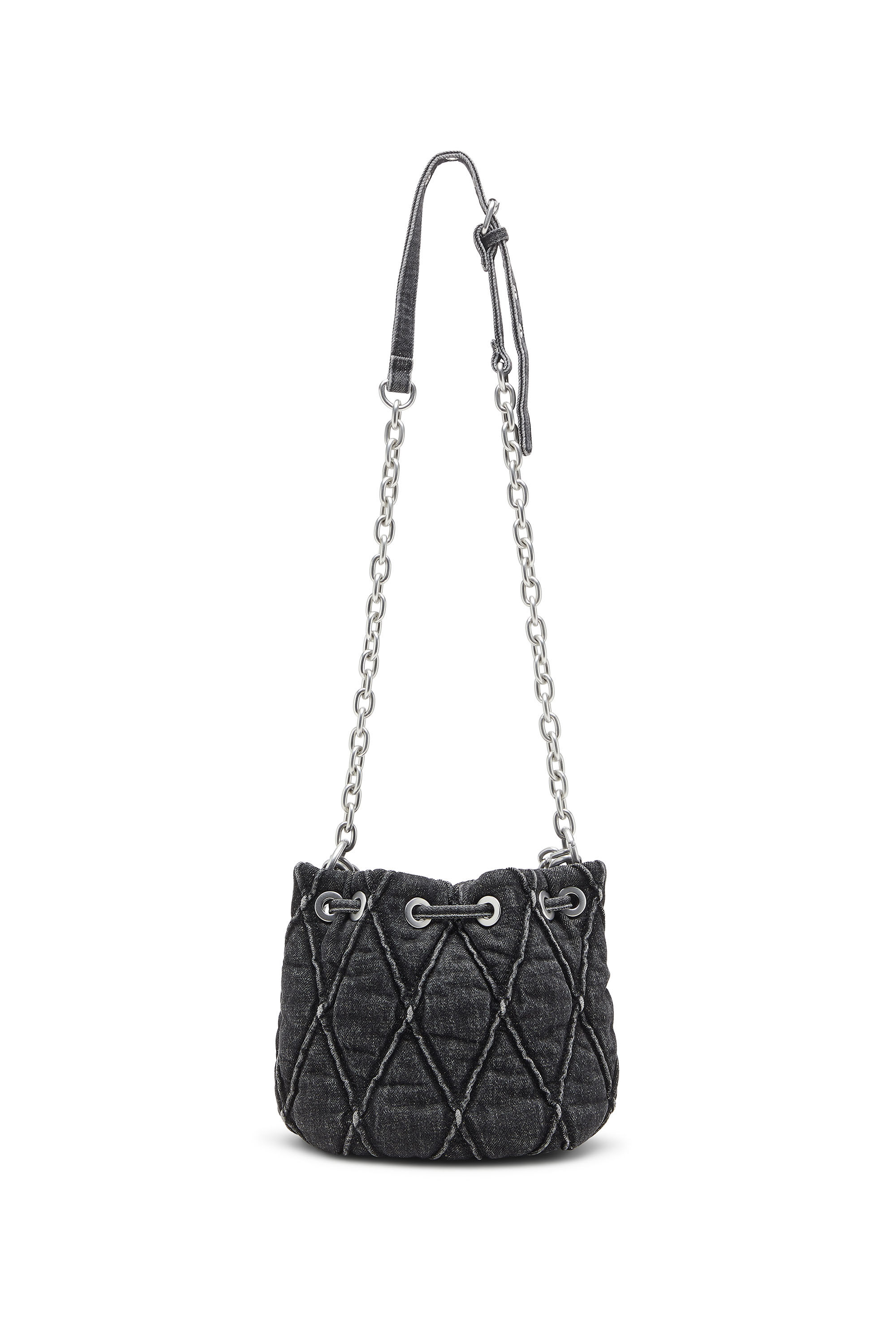 Diesel - HOSHI CHARM-D BUCKET S, Woman's Quilted-denim bucket bag with chain charms in Black - 3