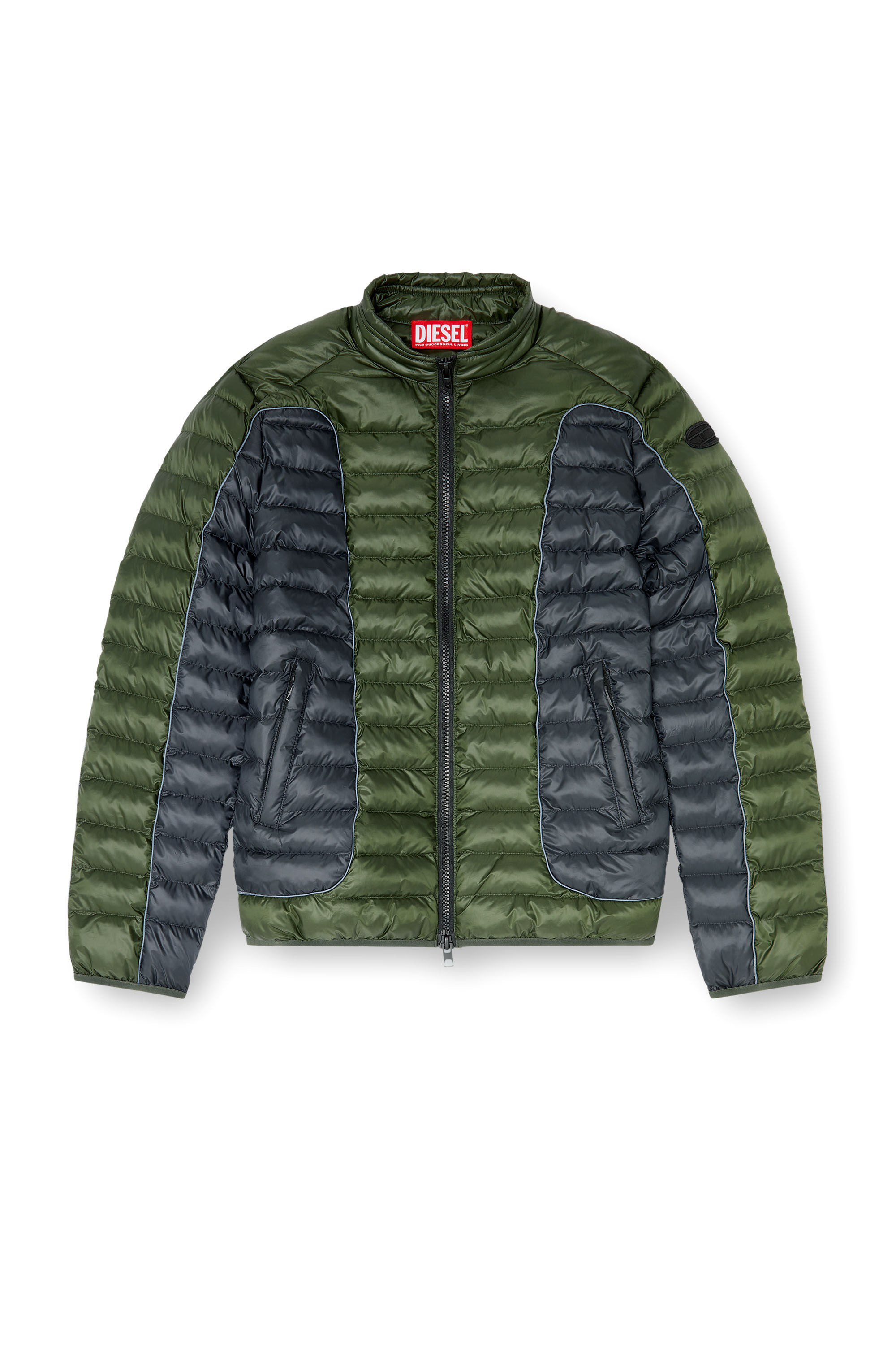 Diesel - W-PILOT-BLOCK, Man's Biker-style puffer jacket with colour-block design in Grey/Green - 2