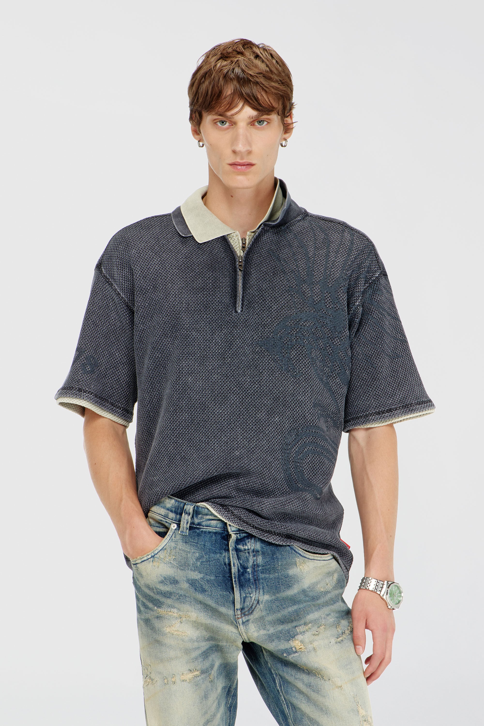 Diesel - T-ERRY-ZIP, Man's Mesh-jacquard polo shirt with Phoenix print in Dark grey - 3