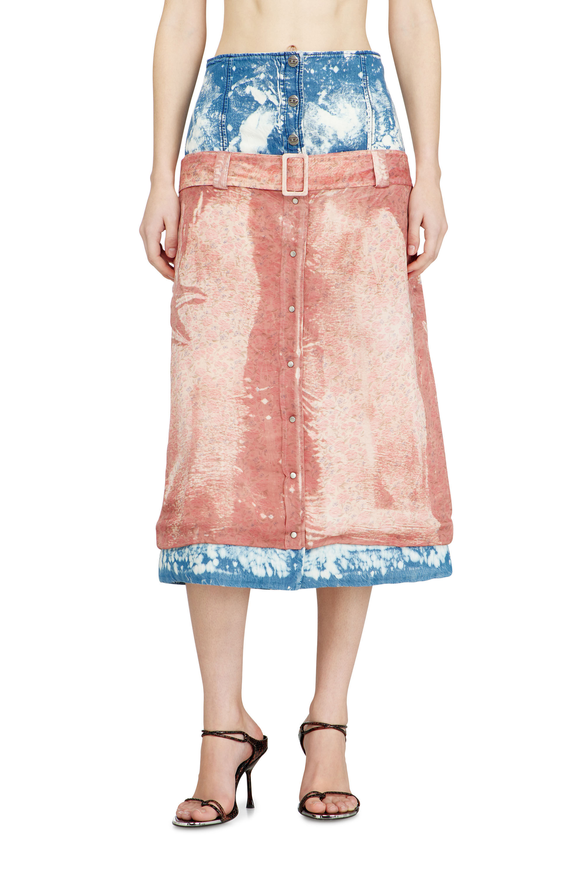 Diesel - O-SSIDO, Woman's Midi skirt with layered effect in Blue/Brown - 3