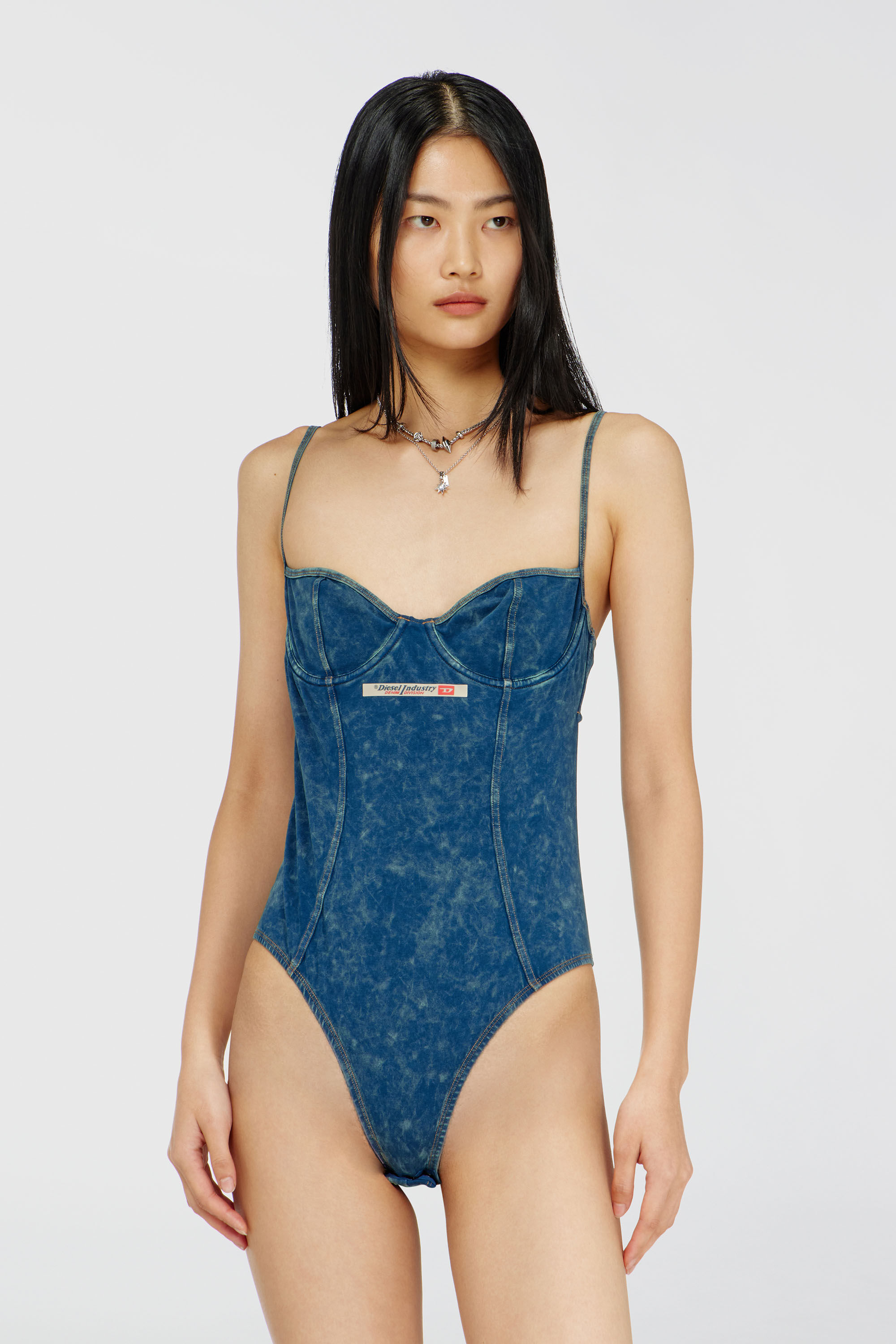 Diesel - TILDA-DNM, Woman's Denim-effect bodysuit with back cut-out in Blue - 2