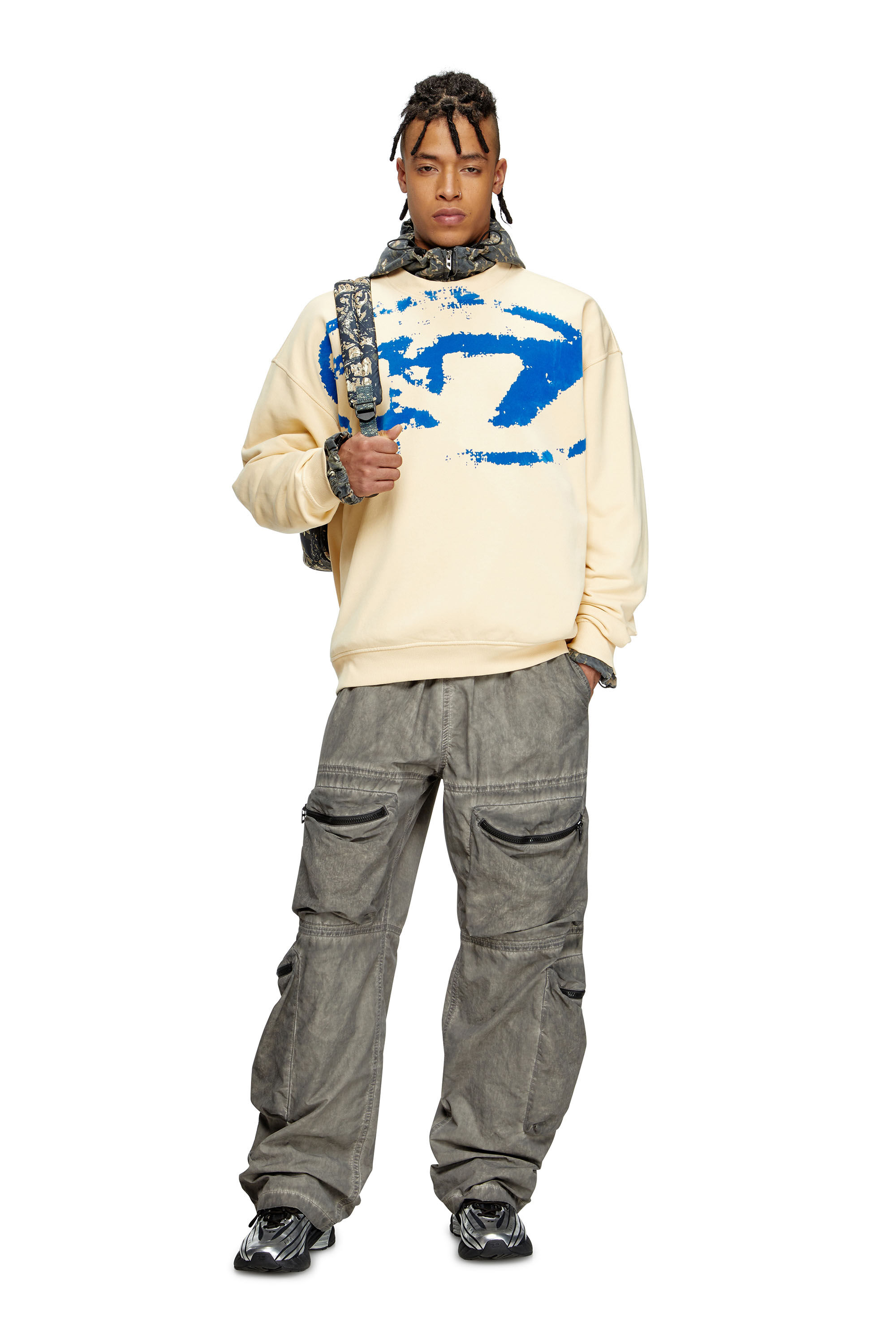 Diesel - S-BOXT-N5, Man's Sweatshirt with distressed flocked logo in Beige/Blue - 1