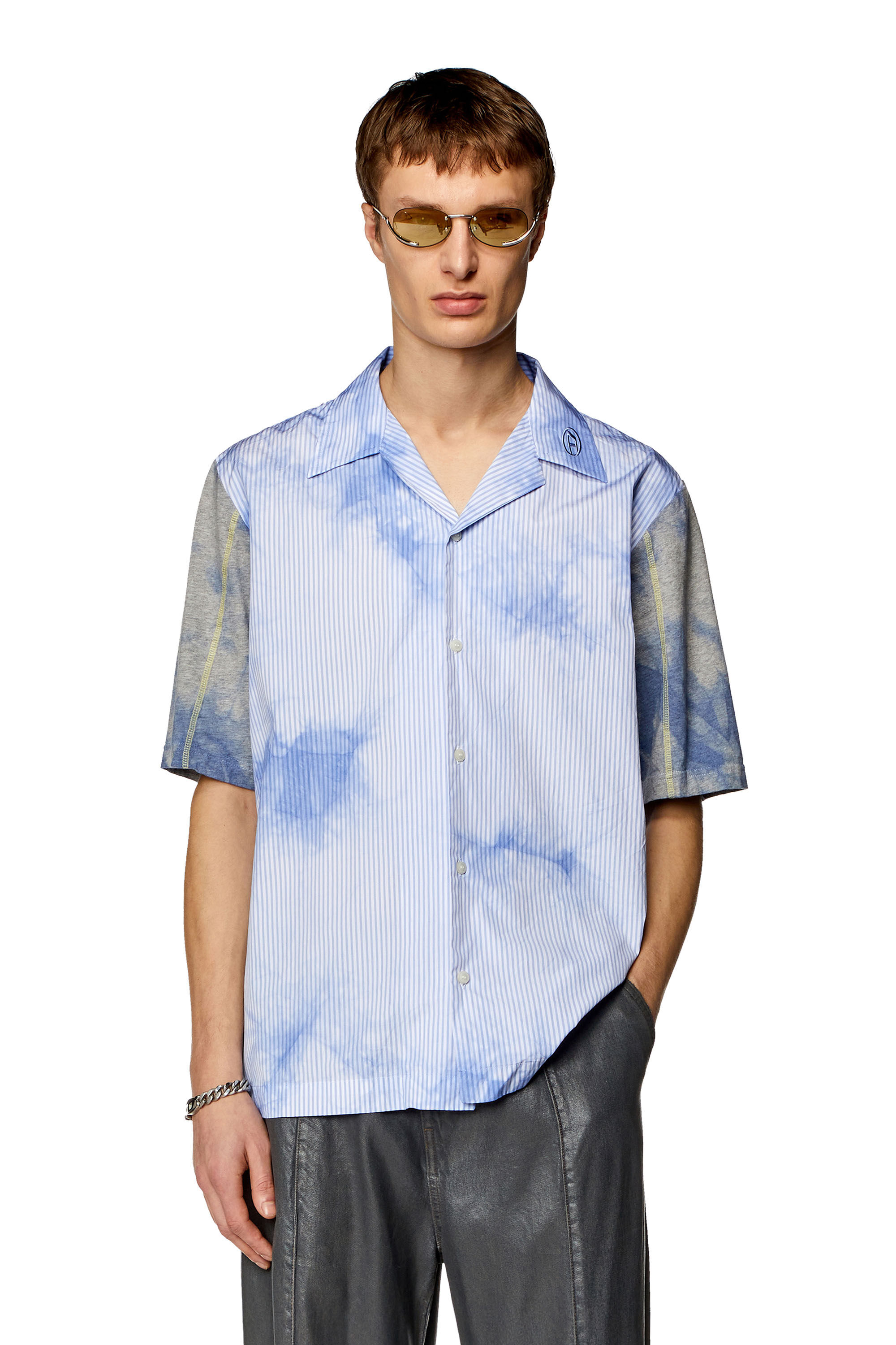 Diesel - S-TRUCKER, Man Tie-dyed poplin and jersey bowling shirt in Blue - Image 1