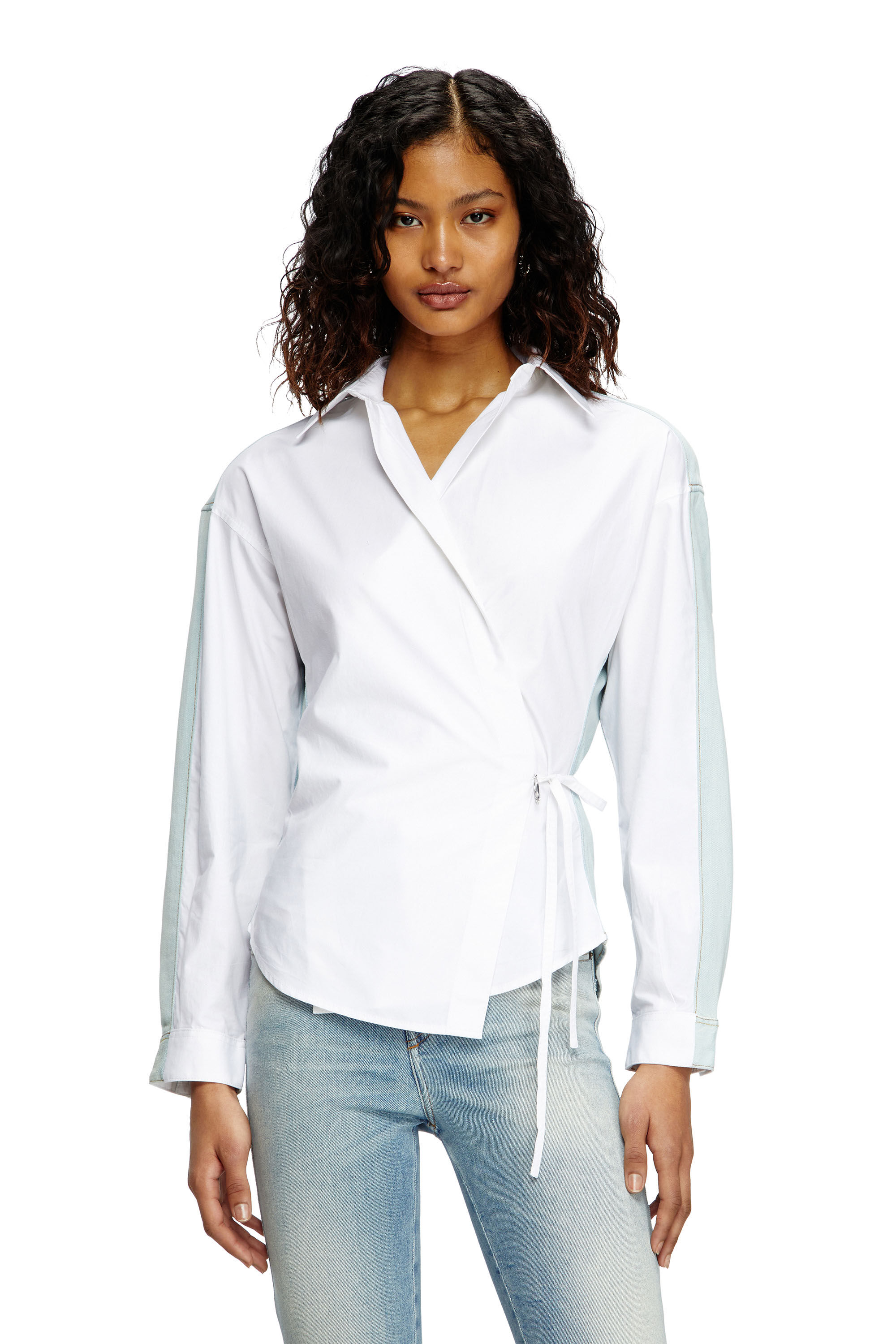 Diesel - C-DELPHI-DEN, Woman's Wrap shirt in poplin and denim in Blue/White - 3