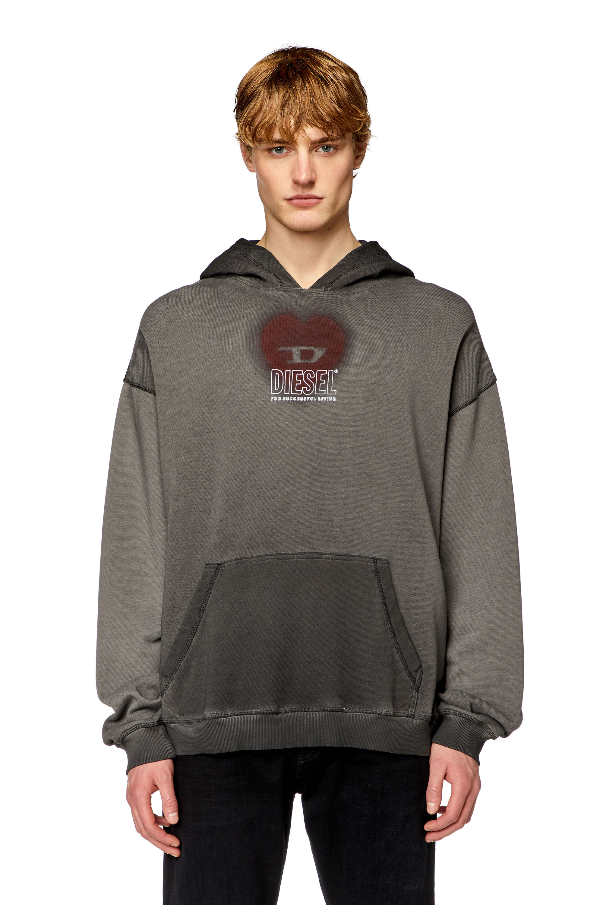 Diesel - S-BOXT-HOOD-N10, Man Faded hoodie with heart print in Black - Image 1