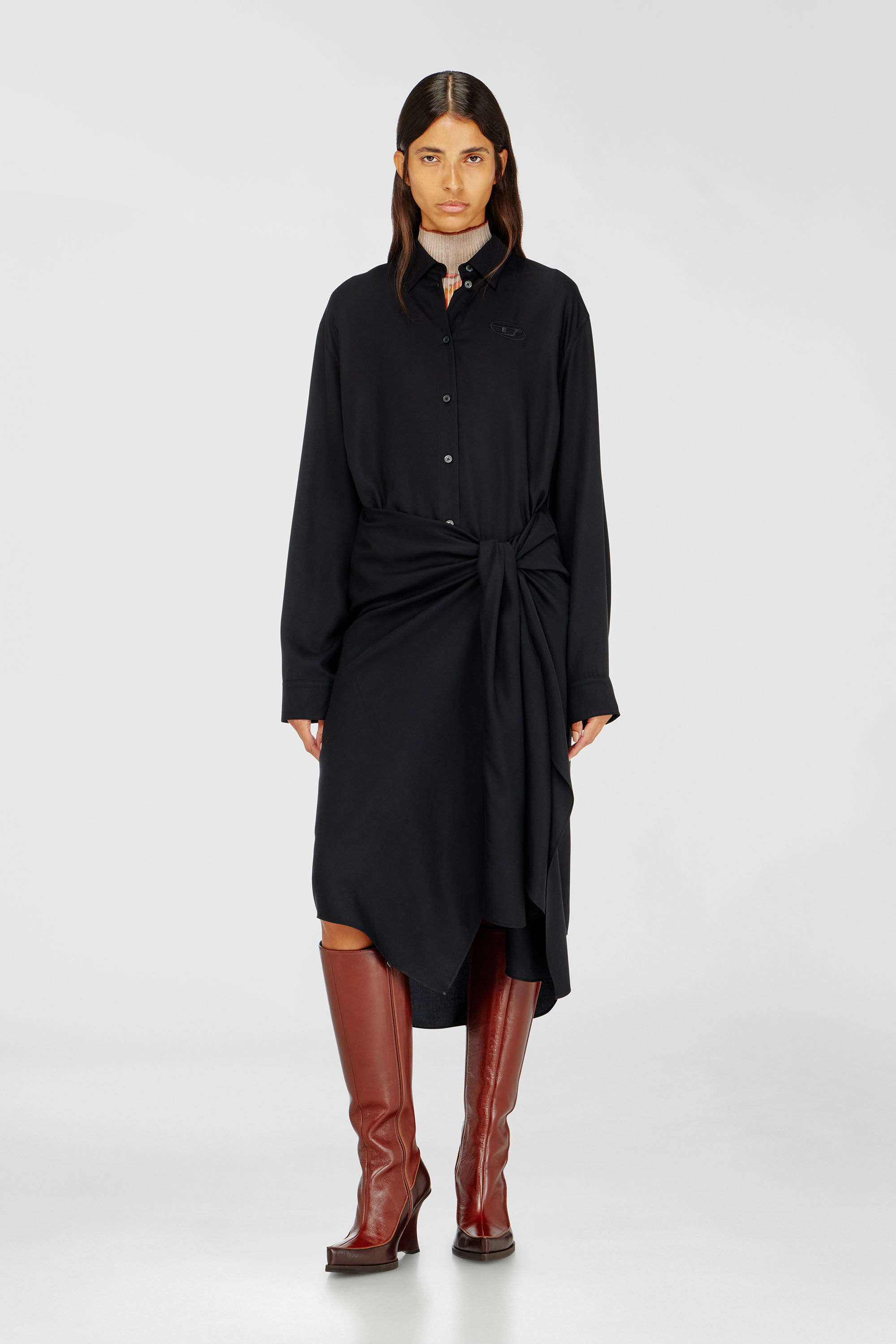 Diesel - D-ILETTA-S1, Woman's Midi shirt dress with twisted detail in Black - 3