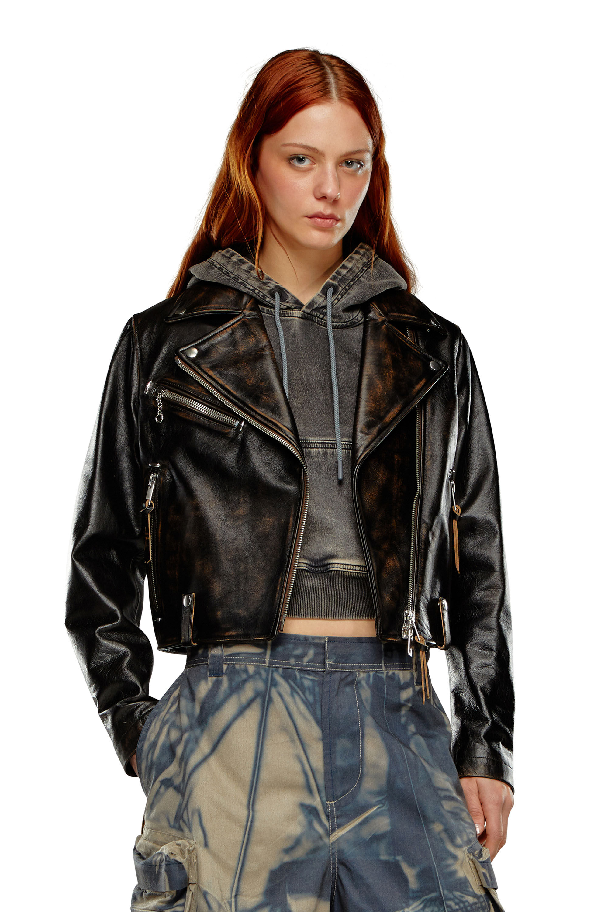 Diesel - L-EDMEA-CL, Woman Biker jacket in treated leather in Black - Image 3