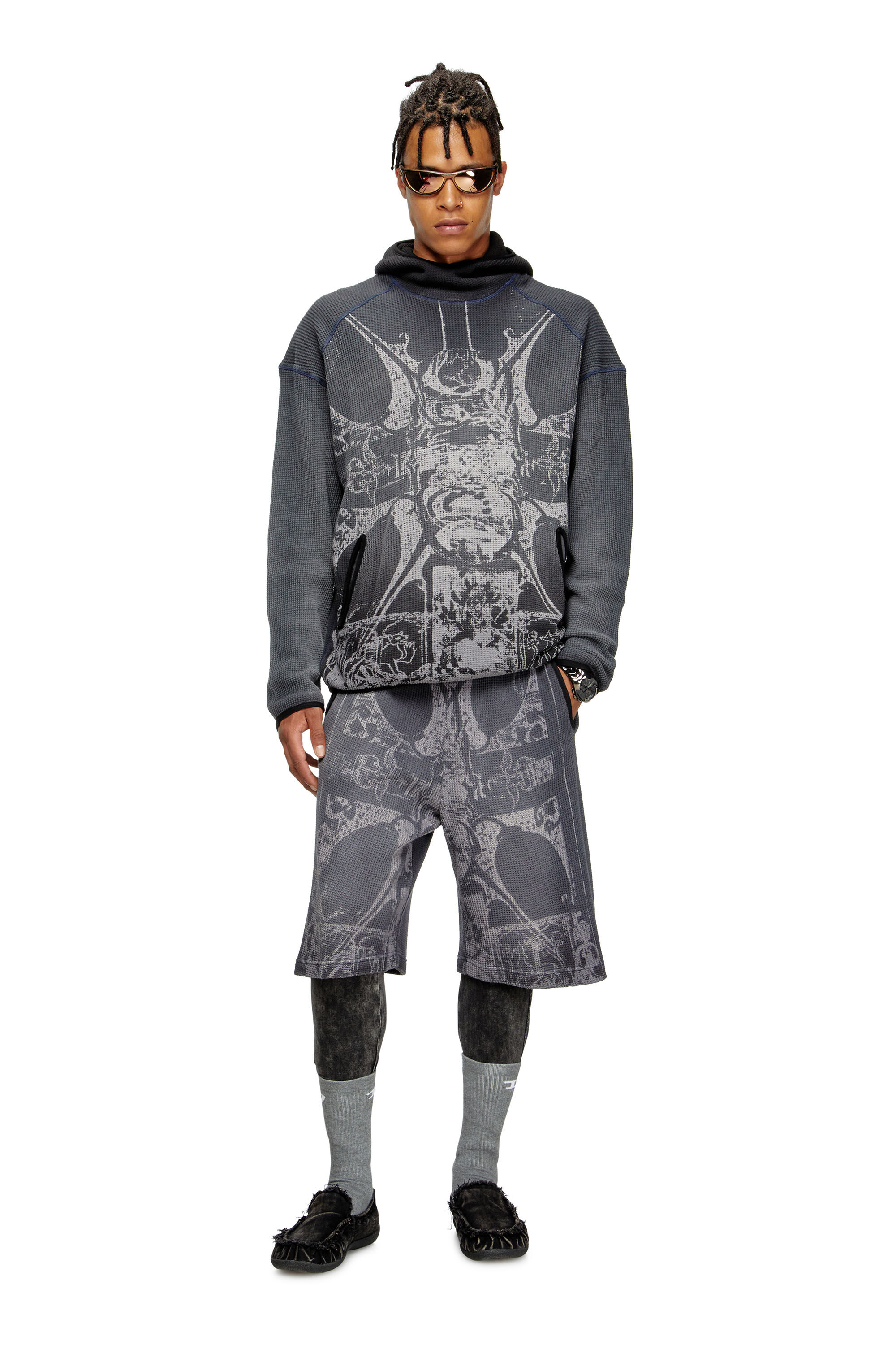 Diesel - S-WAF-HOOD-NEW, Man's Faded waffle hoodie with graphic print in Black - 4