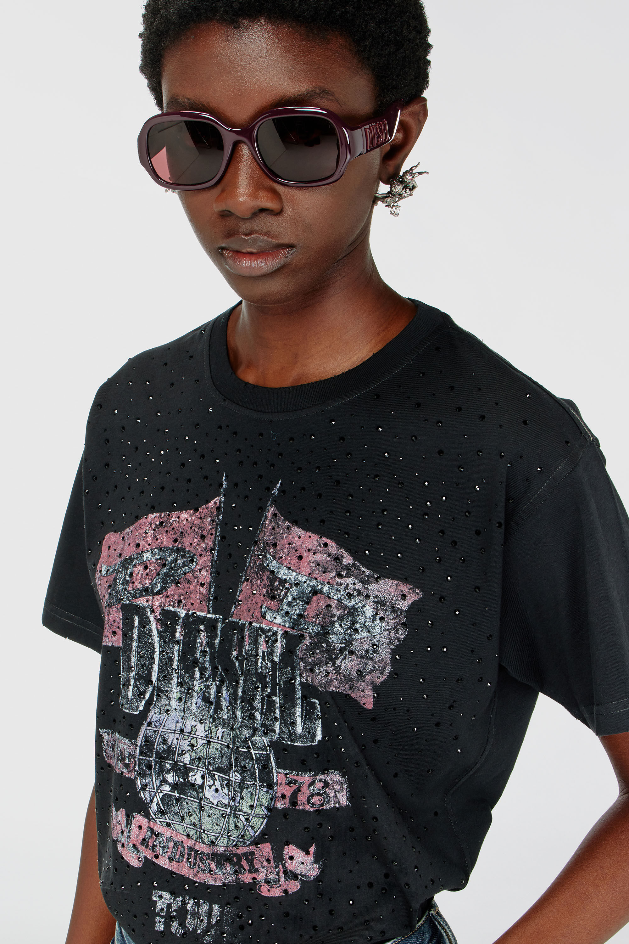 Diesel - T-MARLY, Woman's T-shirt with concert graphics and crystals in Black - 5