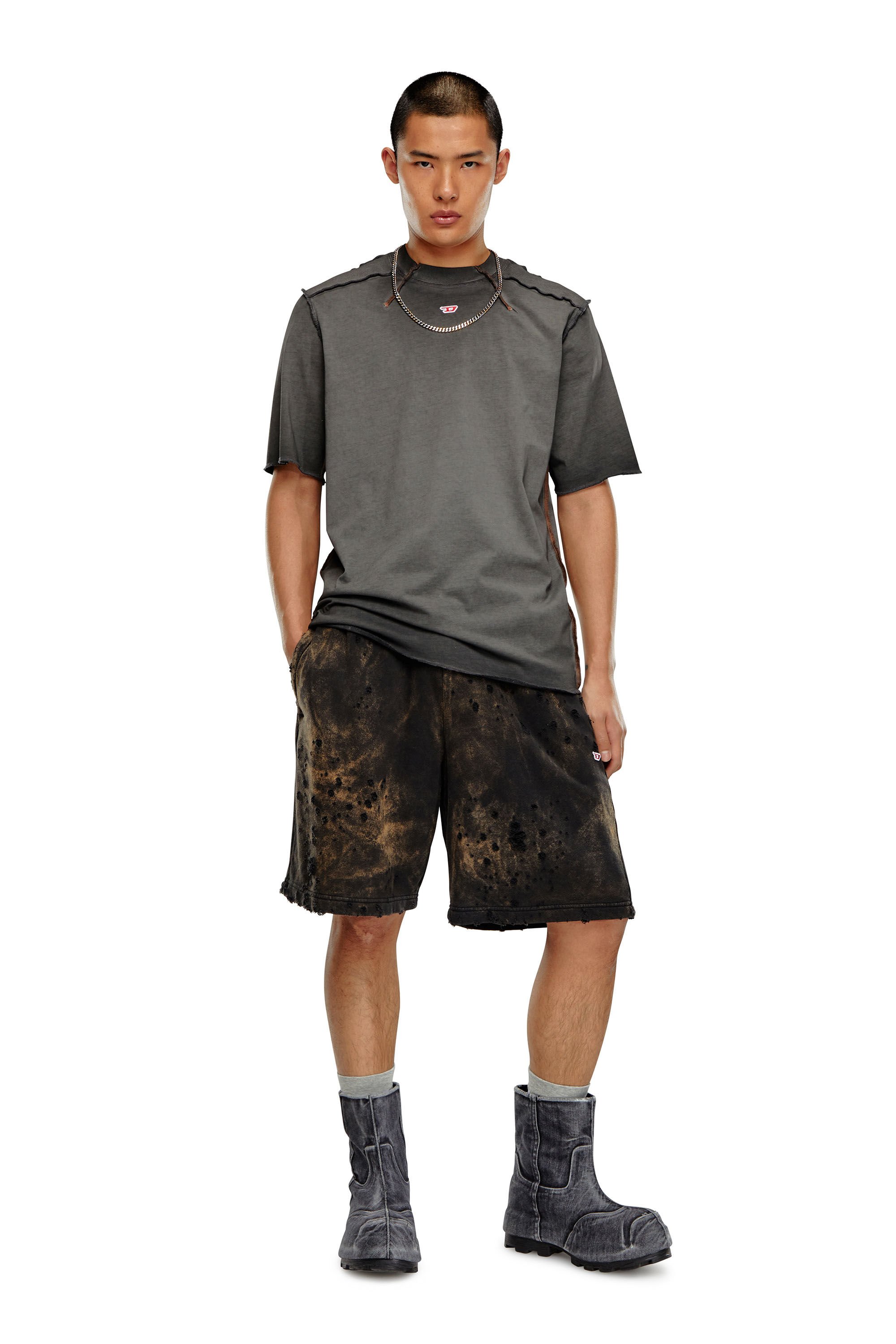 Diesel - T-ERIE-N, Man T-shirt with micro-waffle shoulders in Grey - Image 1