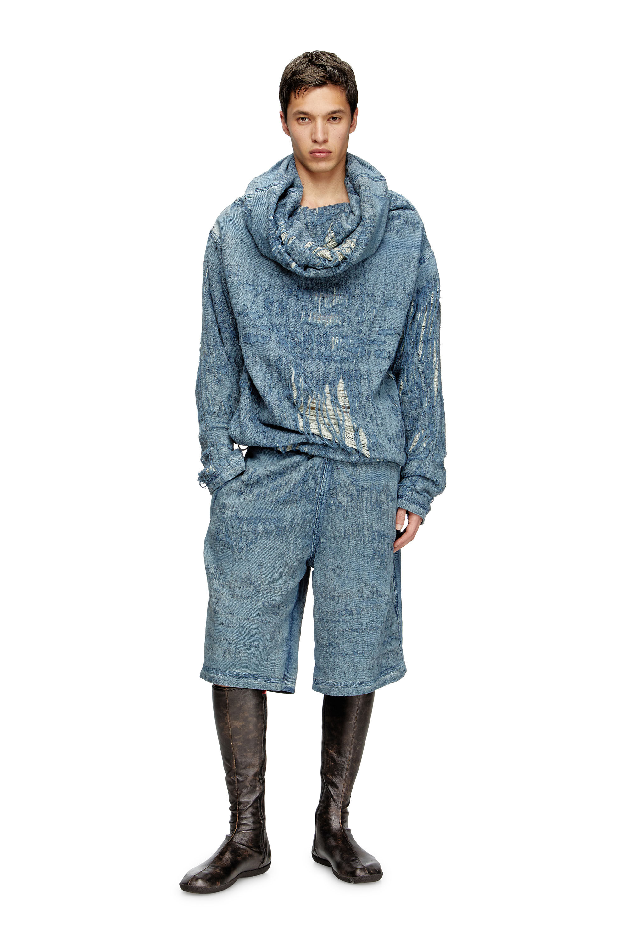 Diesel - D-UMBRIX-FSG, Man's Sweater in ultra-destroyed jacquard denim in Medium blue - 1