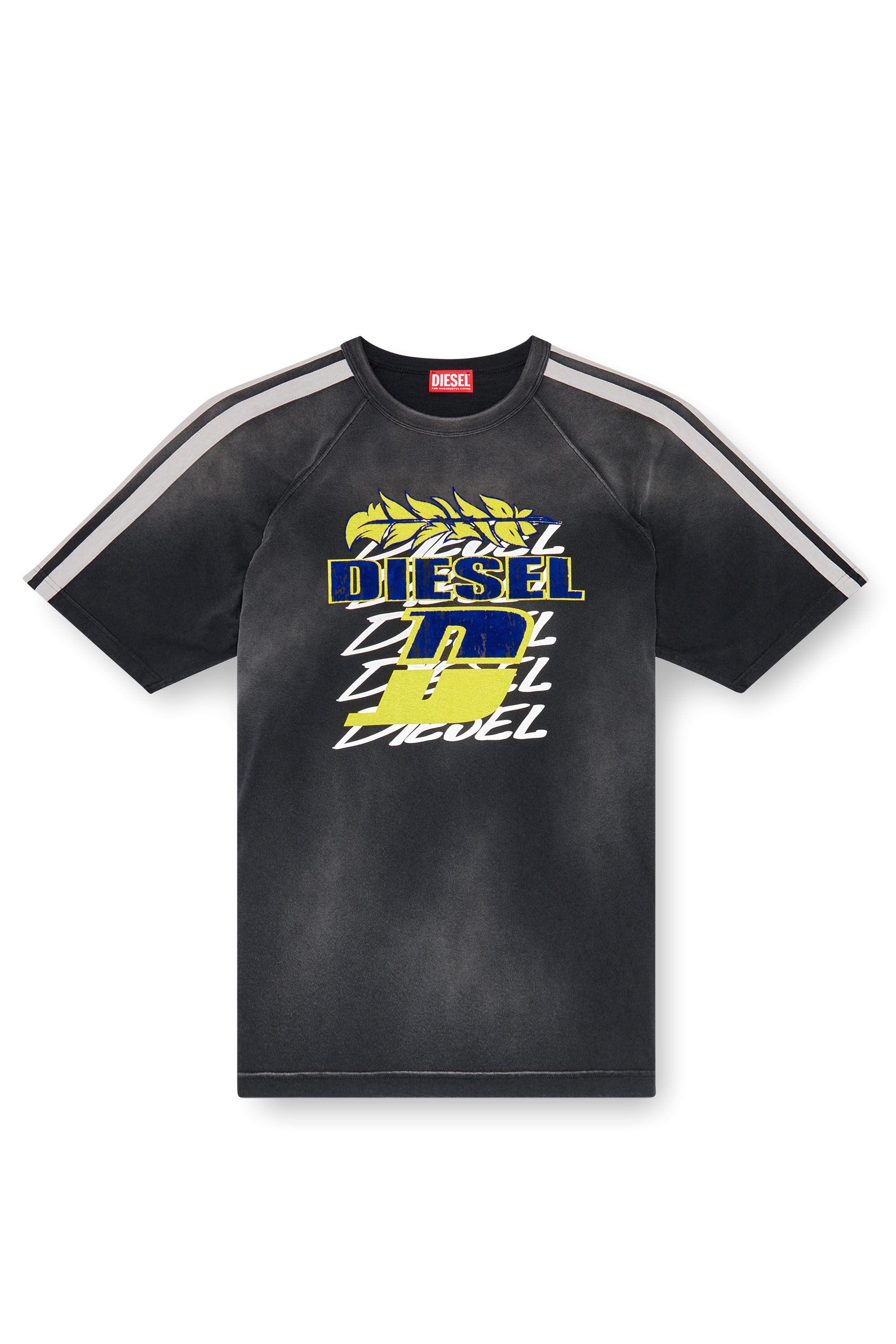 Diesel - T-ROXT-STRIPE, Man's Faded T-shirt with flocked logo print in Black - 2