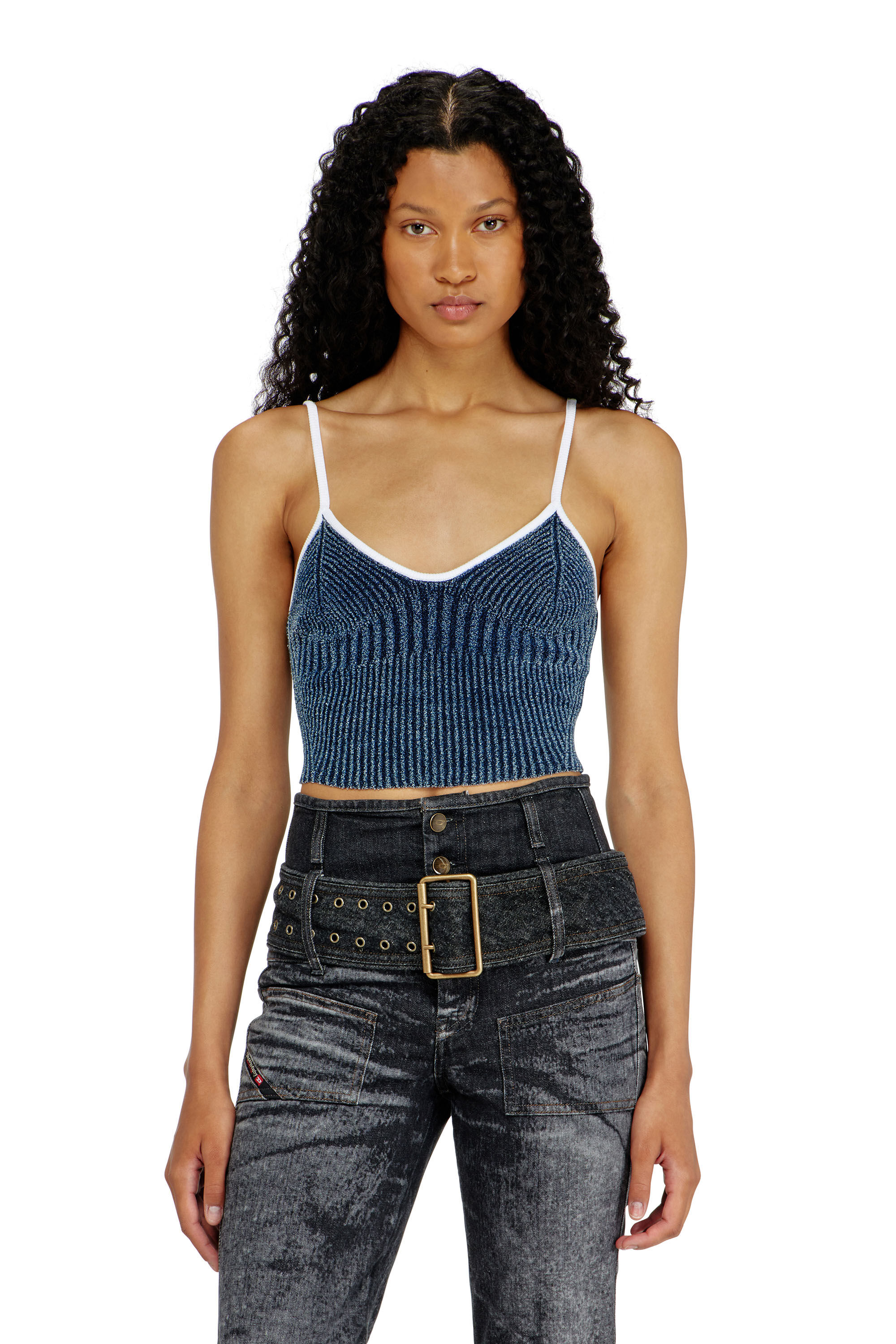 Diesel - M-ESTERE, Woman's Crop top in indigo boucl&eacute; ribbed knit in Blue/White - 3