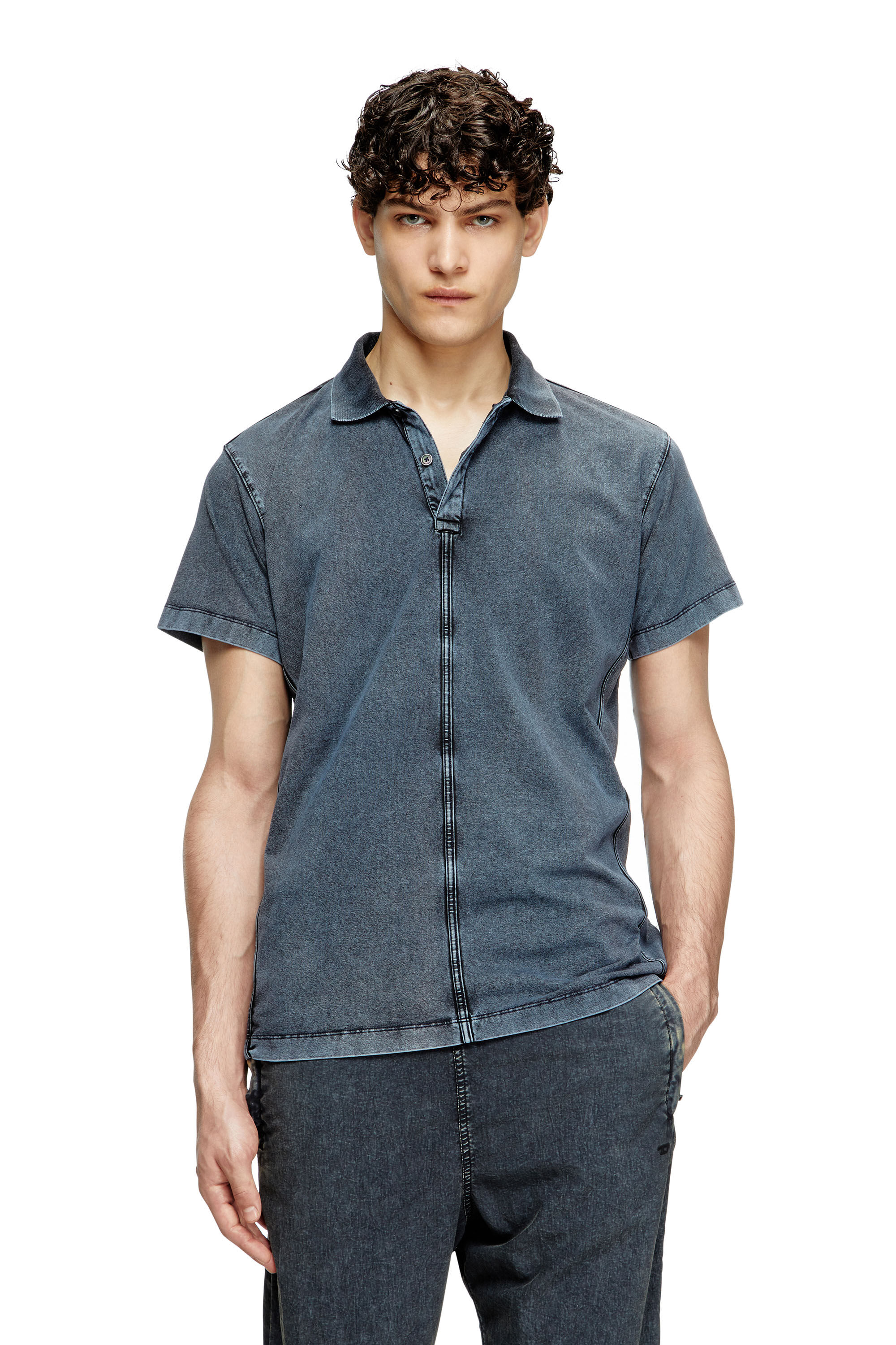 Diesel - T-NOMELY, Man's Polo shirt in denim-look jersey in Dark Blue - 1