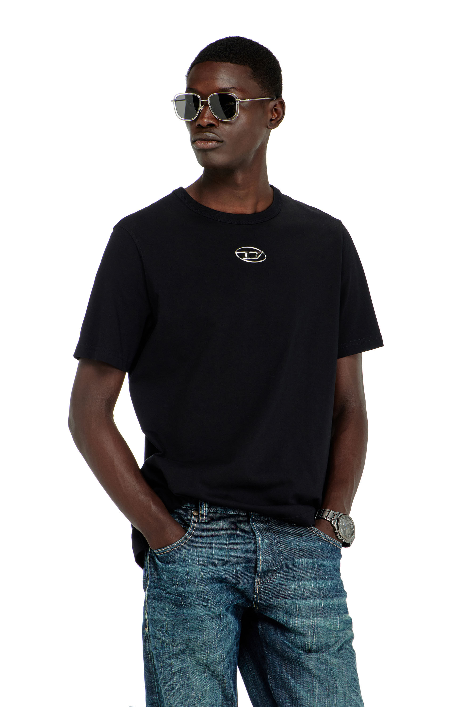 Diesel - T-ADJUST-OD, Man's T-shirt with metallic Oval D in Black - 3