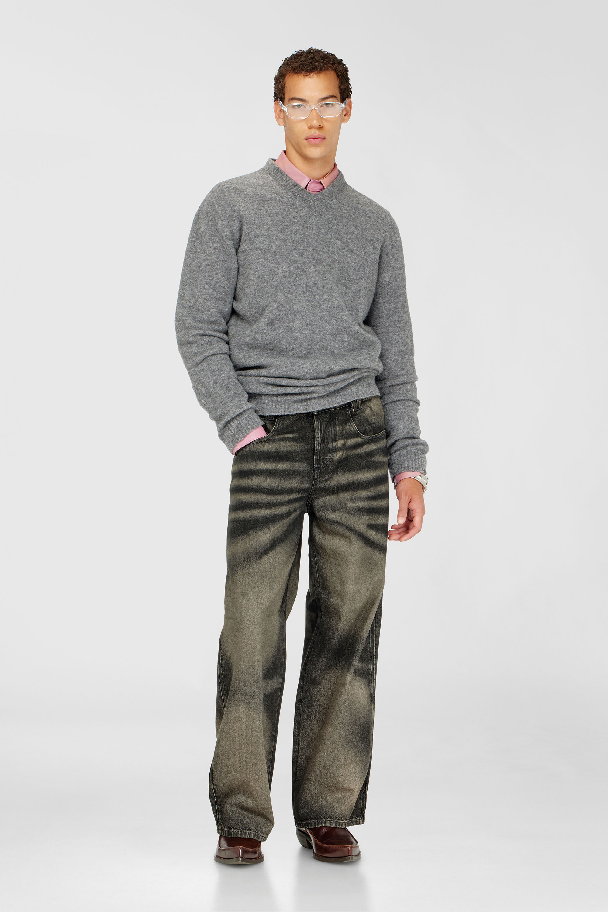 Diesel - K-ANDIE, Man's V-neck jumper in wrinkled boiled knit in Grey - 1