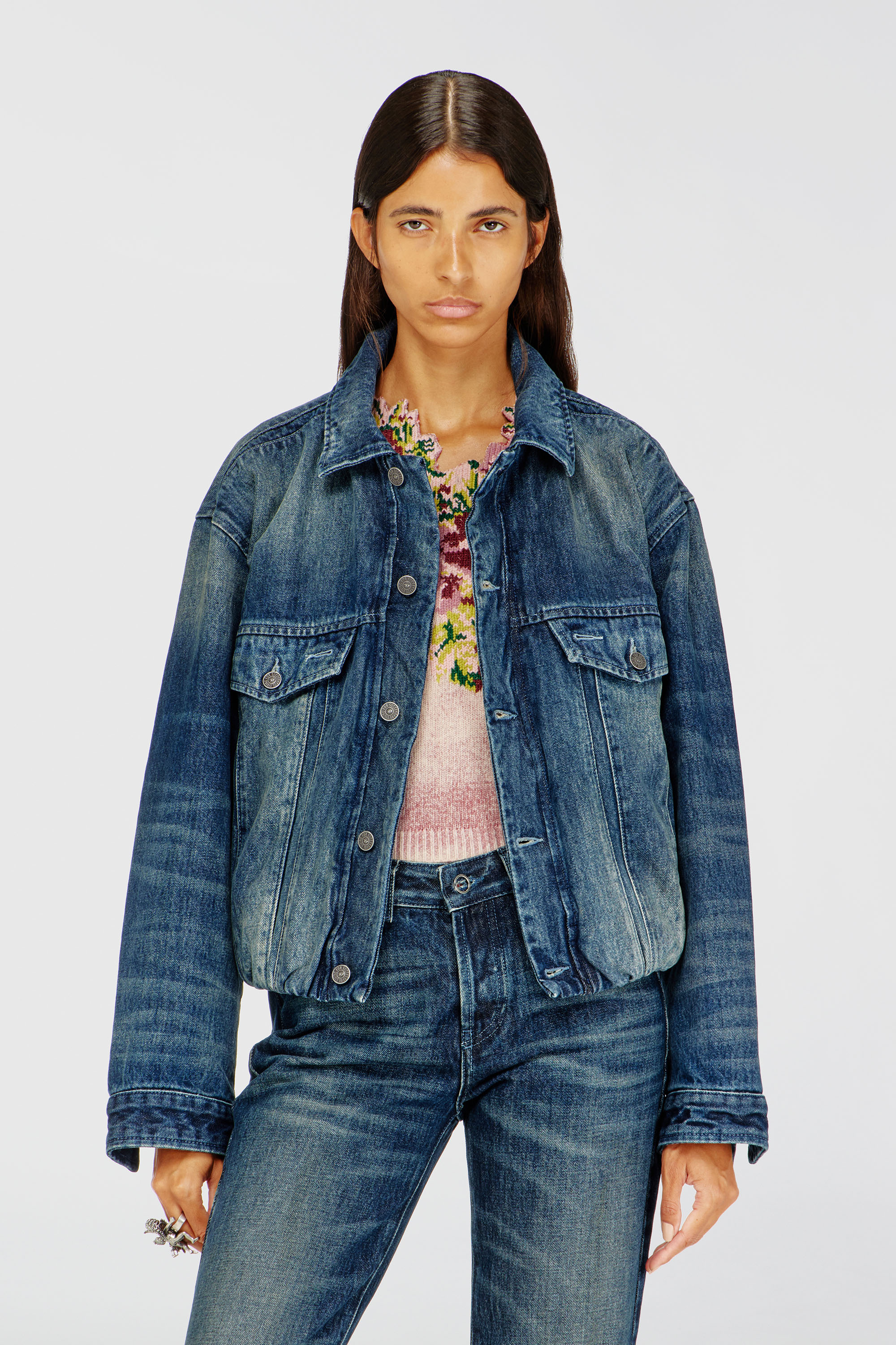 Diesel - DE-MORVI-FSJ, Woman's Elasticated trucker jacket in denim in Dark Blue - 1