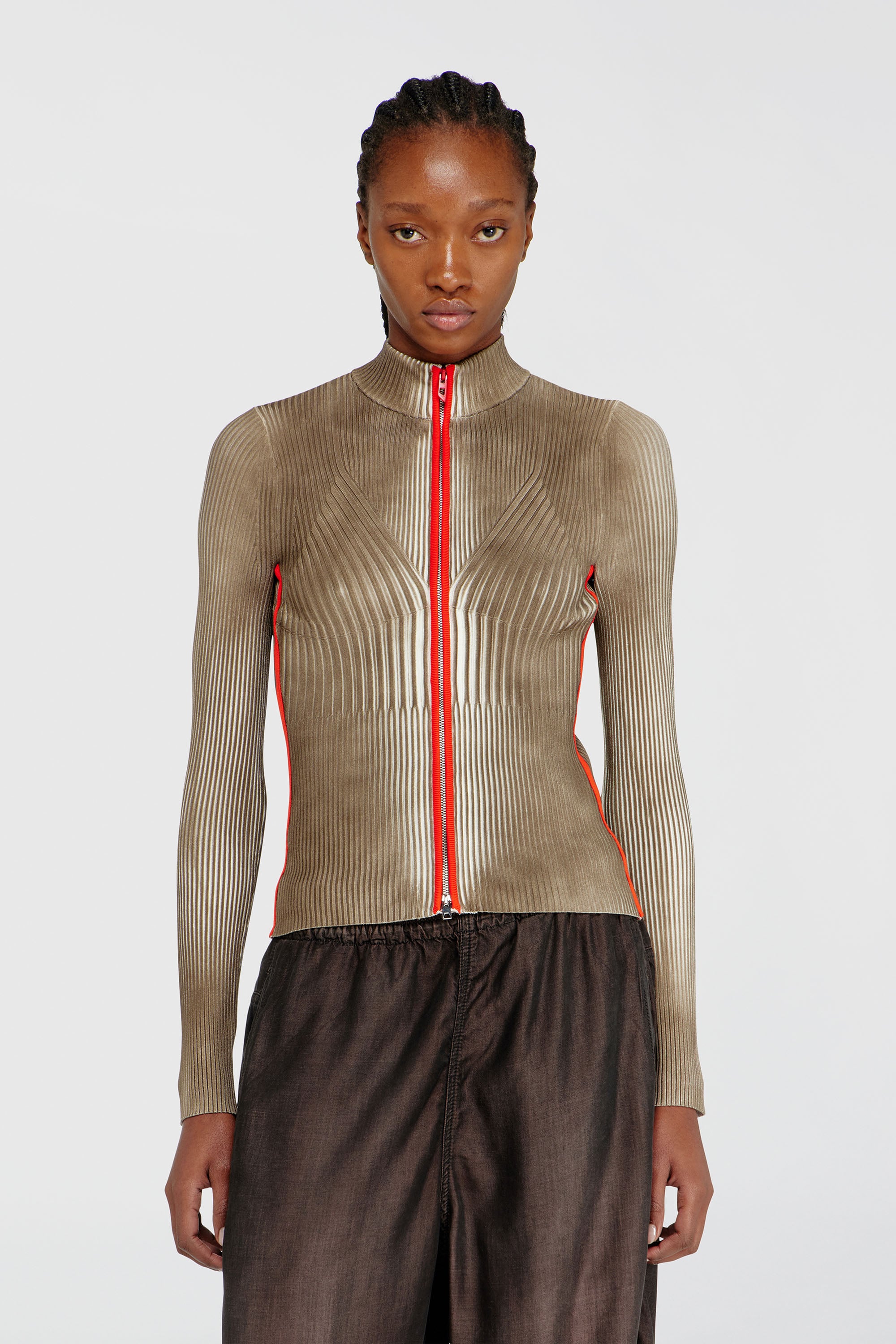 Diesel - M-SARMA, Woman's Ribbed zip cardigan with contrast bands in Red/Brown - 1