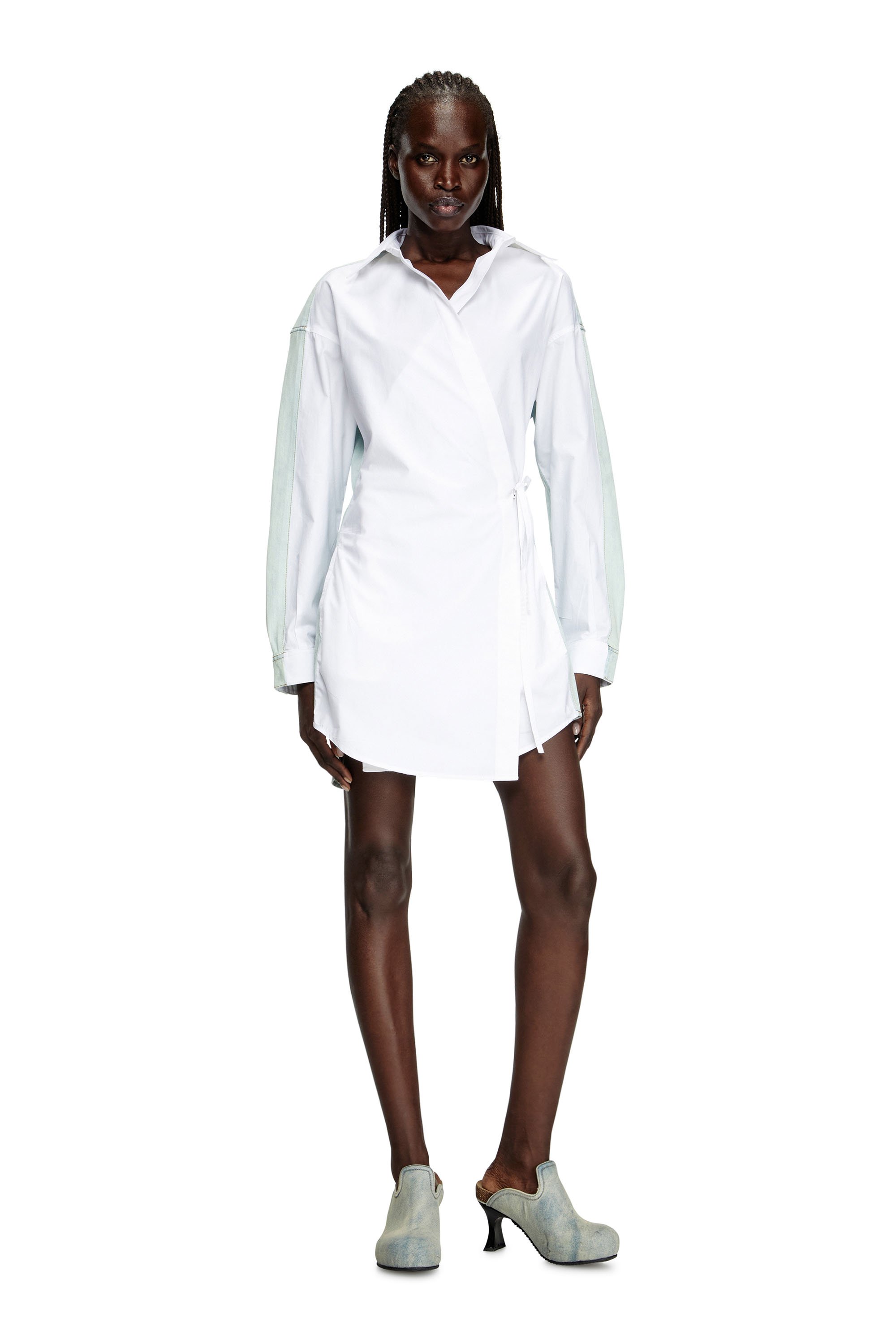 Diesel - D-ELPHI-DEN, Woman's Wrap shirt dress in poplin and denim in White - 1