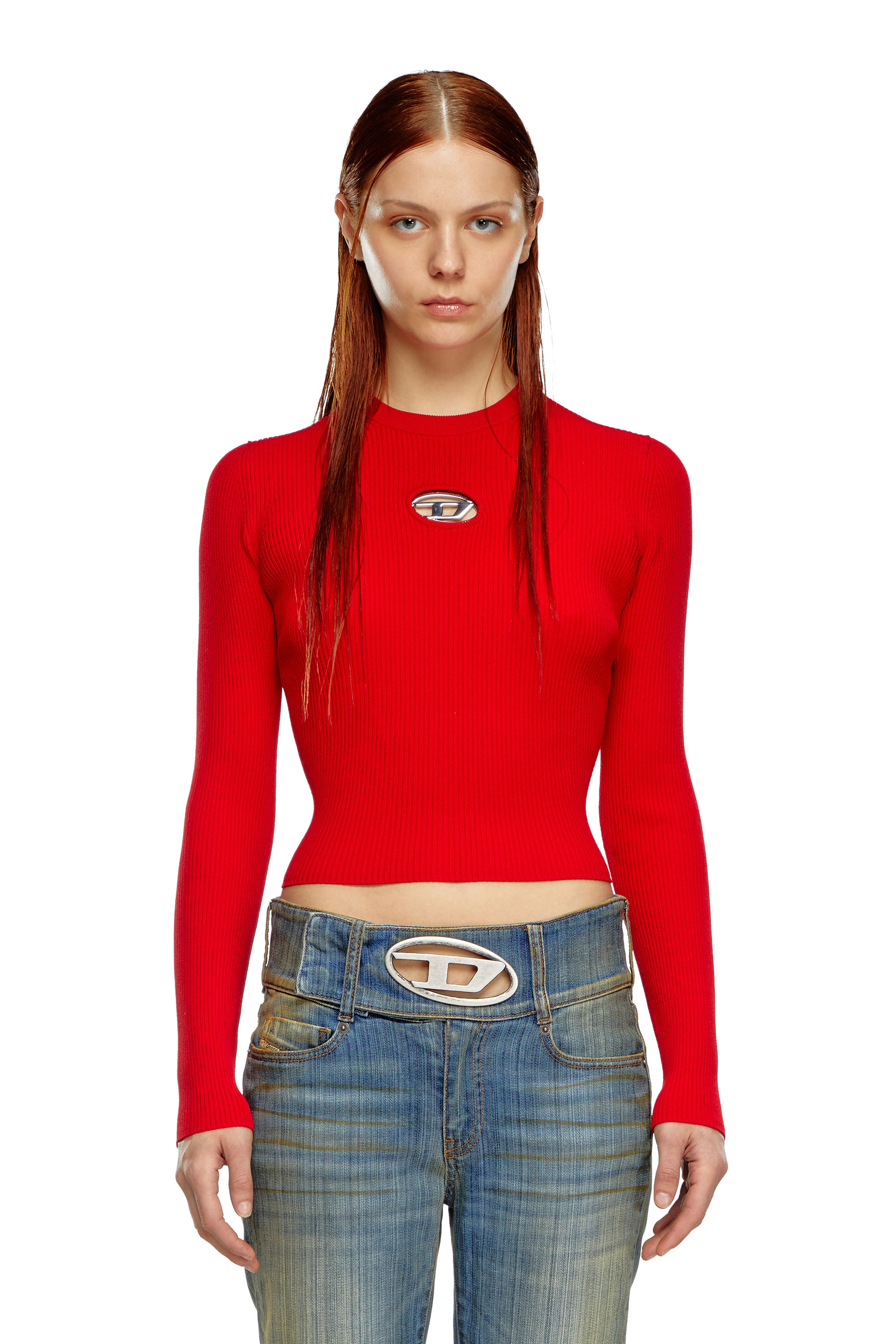 Diesel - M-VALARI, Woman Rib-knit viscose-blend top with Oval D in Red - Image 1