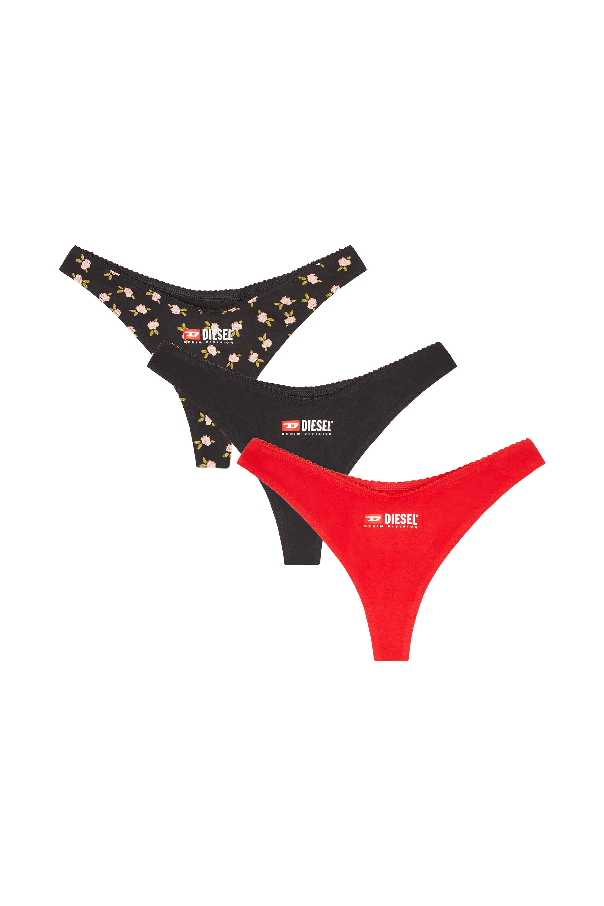 Diesel - PUNCHY-D-CORE-3PACK, Woman's 3-pack of stretch cotton thongs with floral print in Black - 1