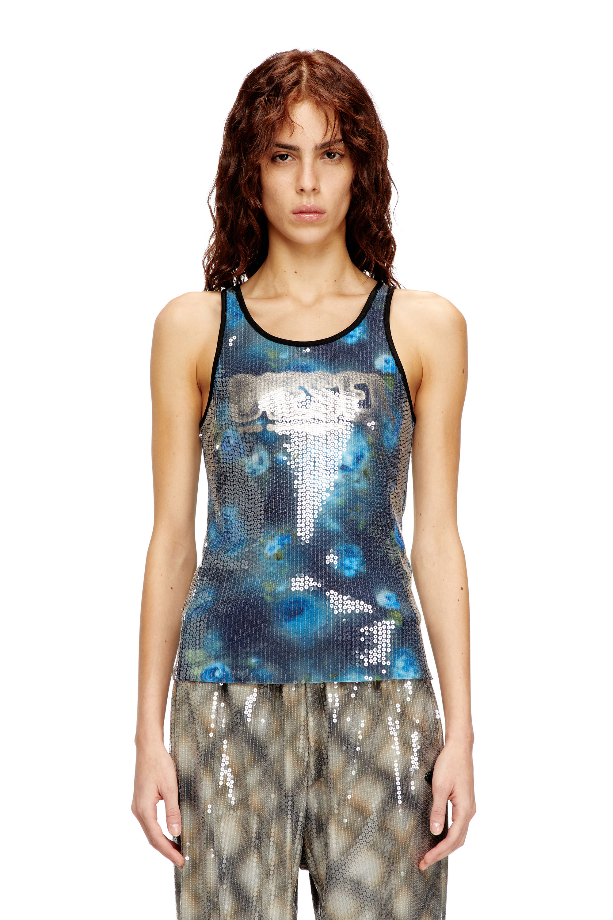 Diesel - T-UNKY, Woman's Floral print jersey top with sequins in null - 1