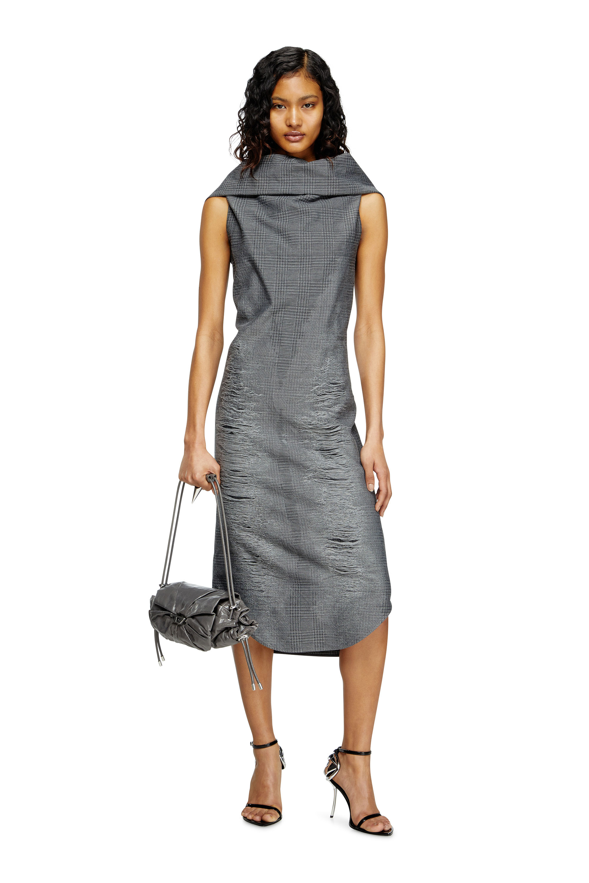 Diesel - D-MAUVE, Woman's Prince of Wales midi dress with distressing in Grey - 3