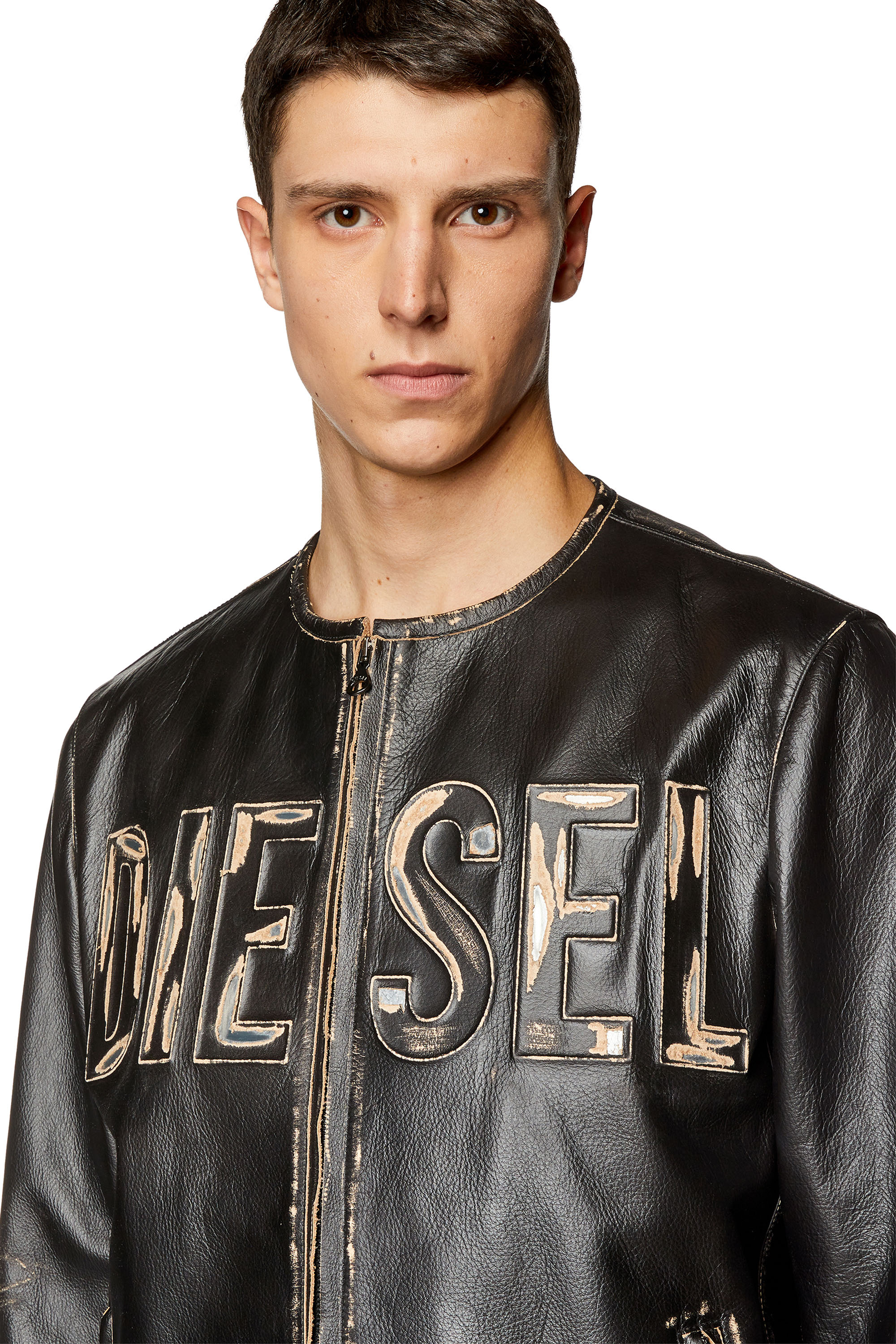 Diesel - L-MET, Man Distressed leather jacket with metal logo in Black - Image 5