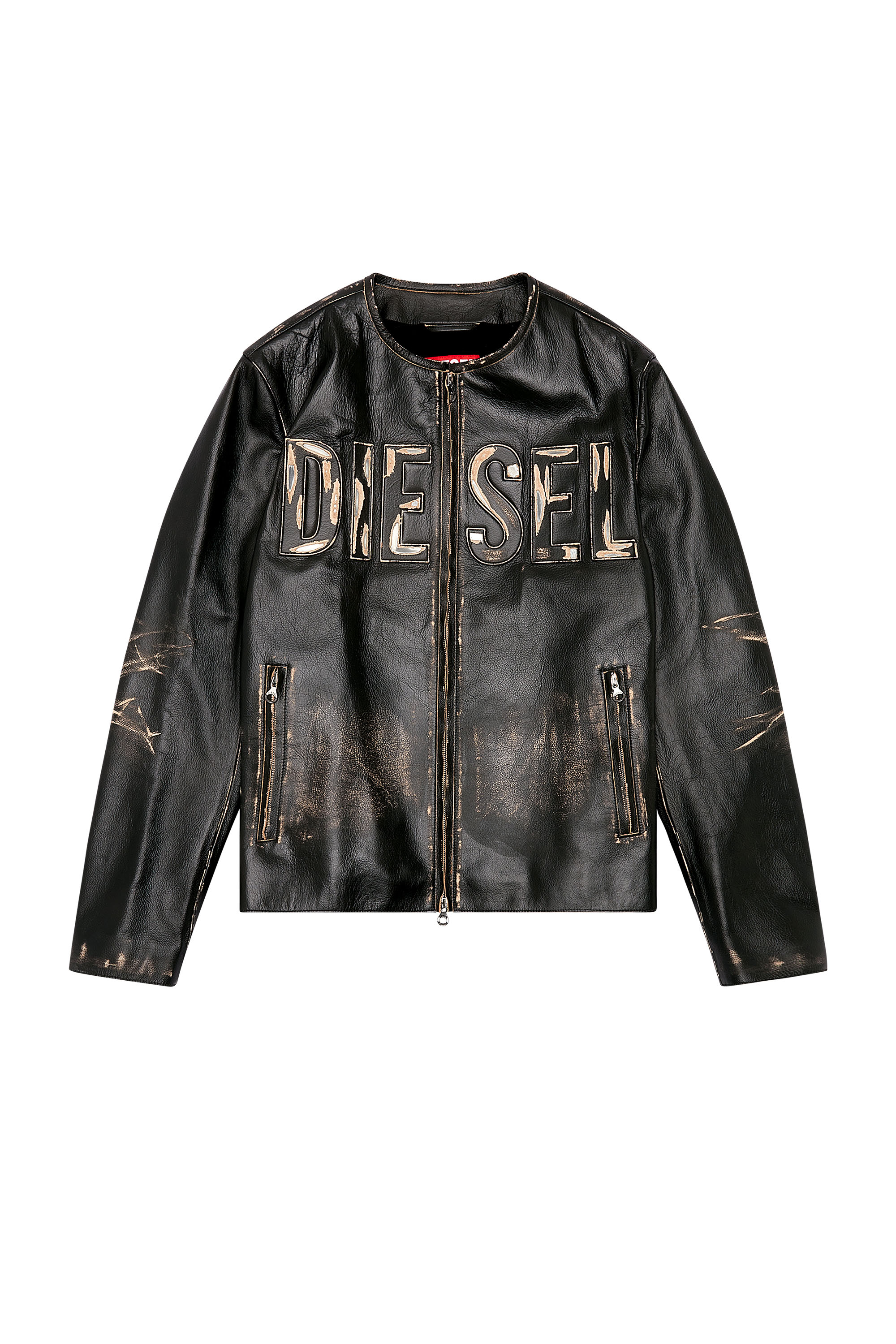 Diesel - L-MET, Man Distressed leather jacket with metal logo in Black - Image 3