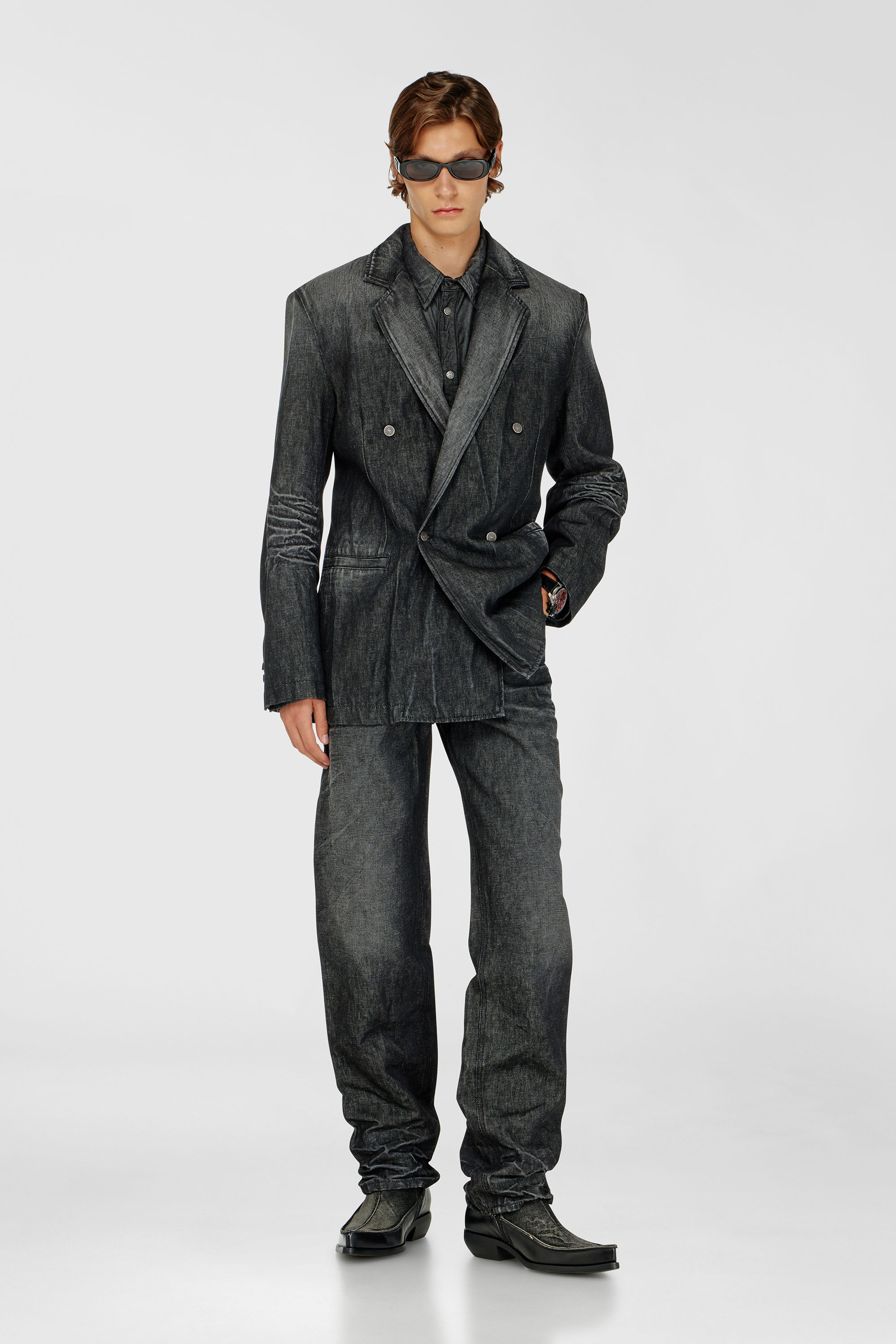 Diesel - D-KOT-FSJ, Man's Double-breasted blazer in creased denim in Black/Dark grey - 2