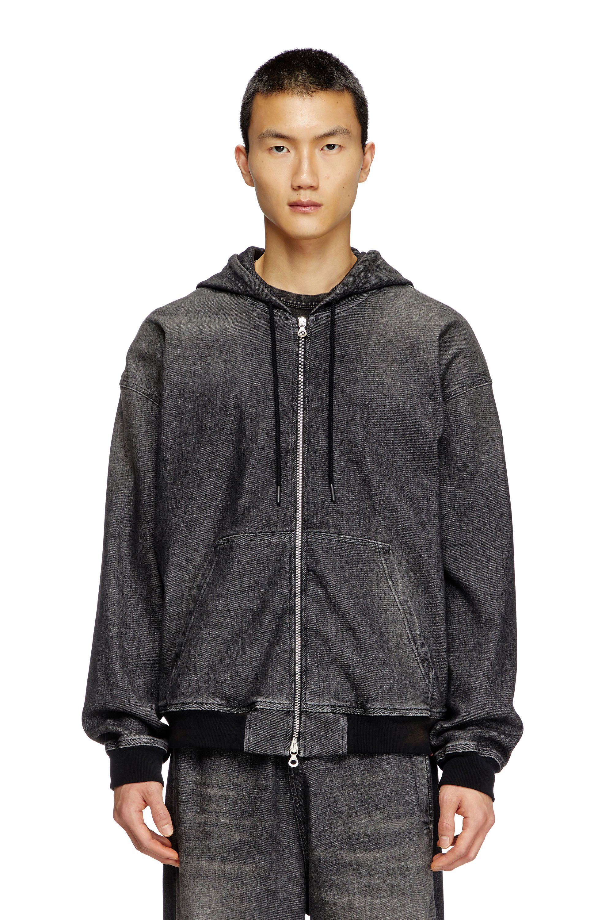 Diesel - D-GIRI-S TRACK, Unisex's Zipped hoodie in dirt-effect Track Denim in Black - 1