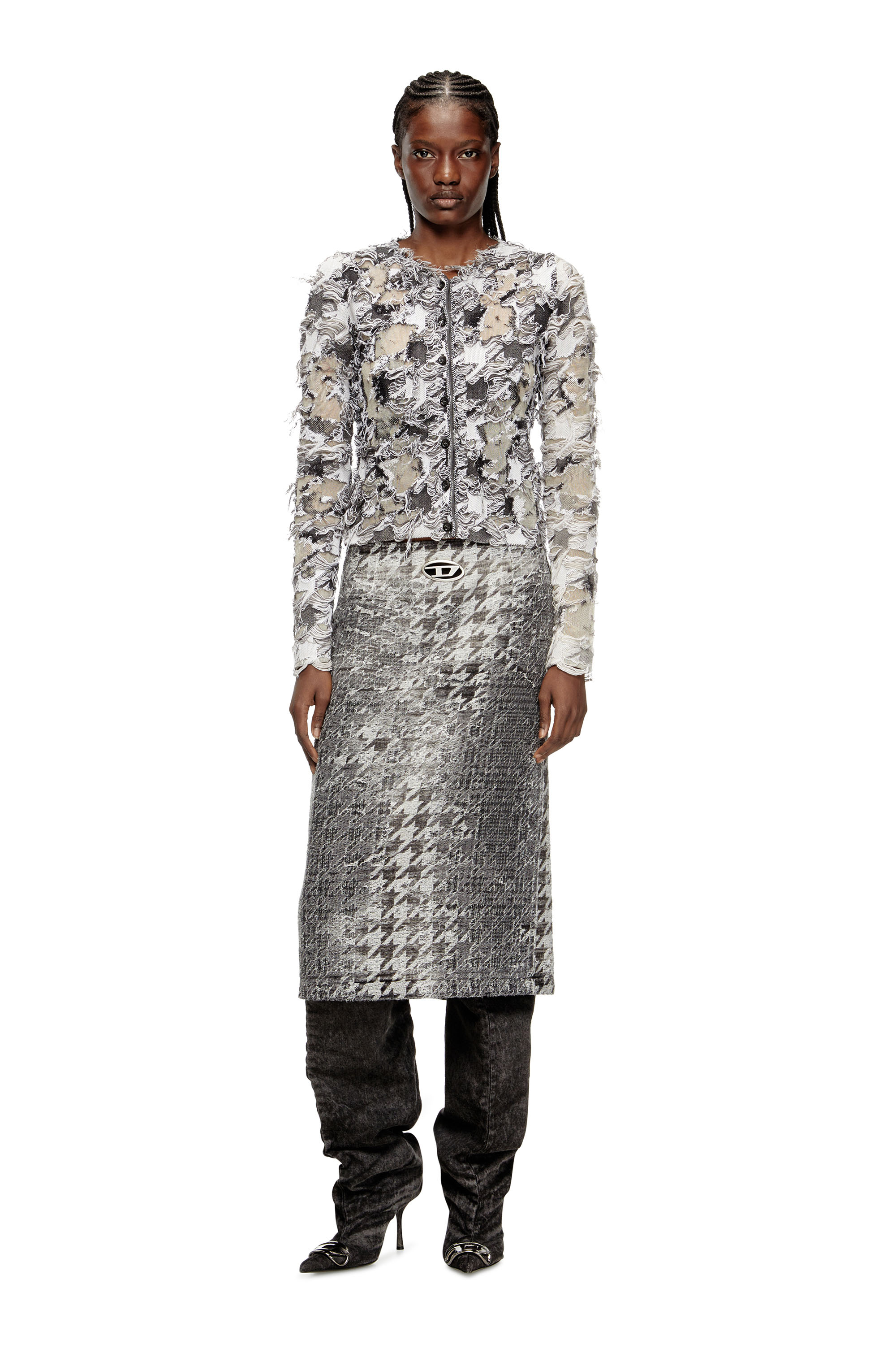 DE- RATHIAN-FSH, Black/White Diesel - DE- RATHIAN-FSH, Woman's Midi skirt in Prince of Wales jacquard denim in Black/White - 1