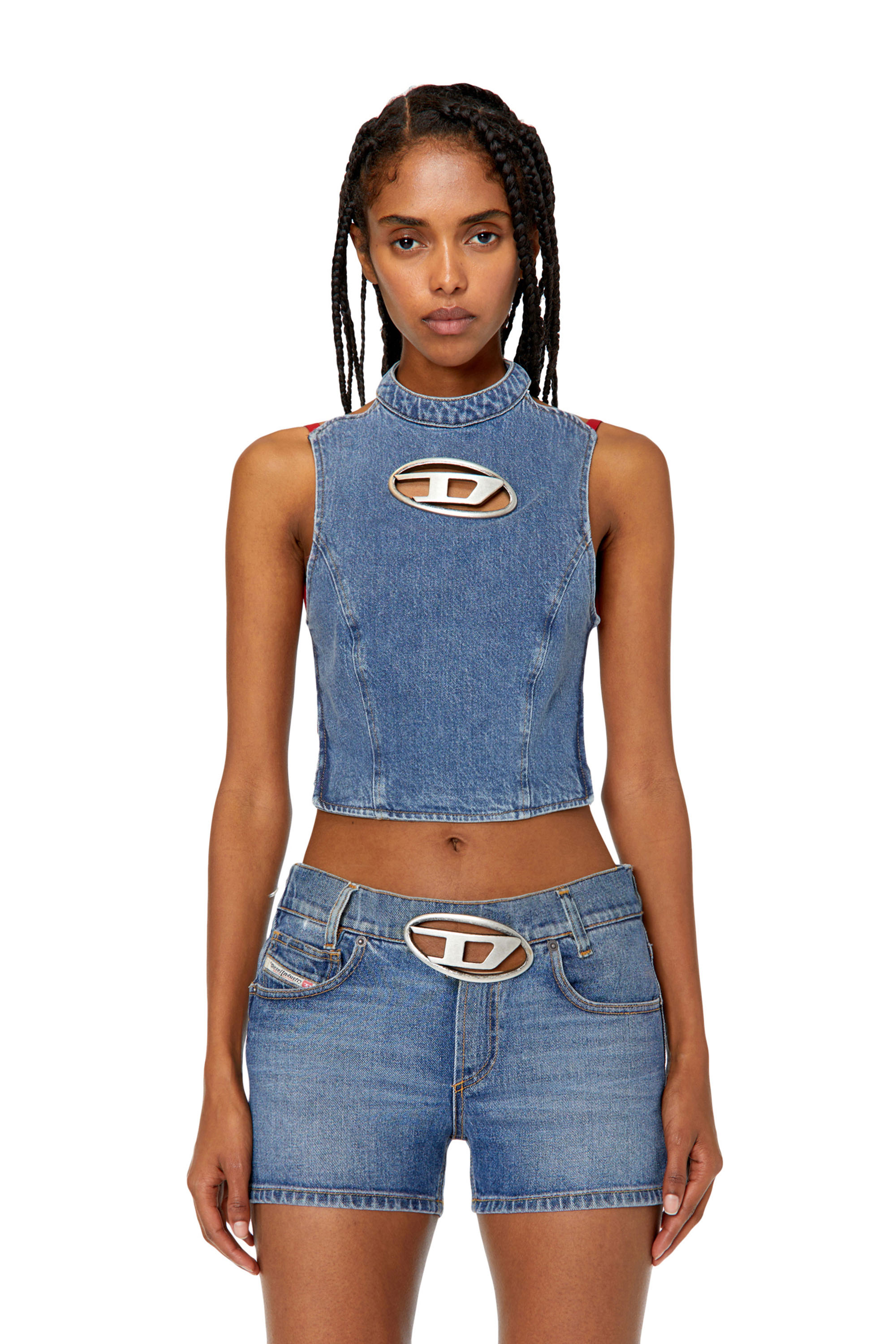 Diesel - DE-THEA-FRINGES, Woman Open-back top with cut-out metal D logo in Blue - Image 5