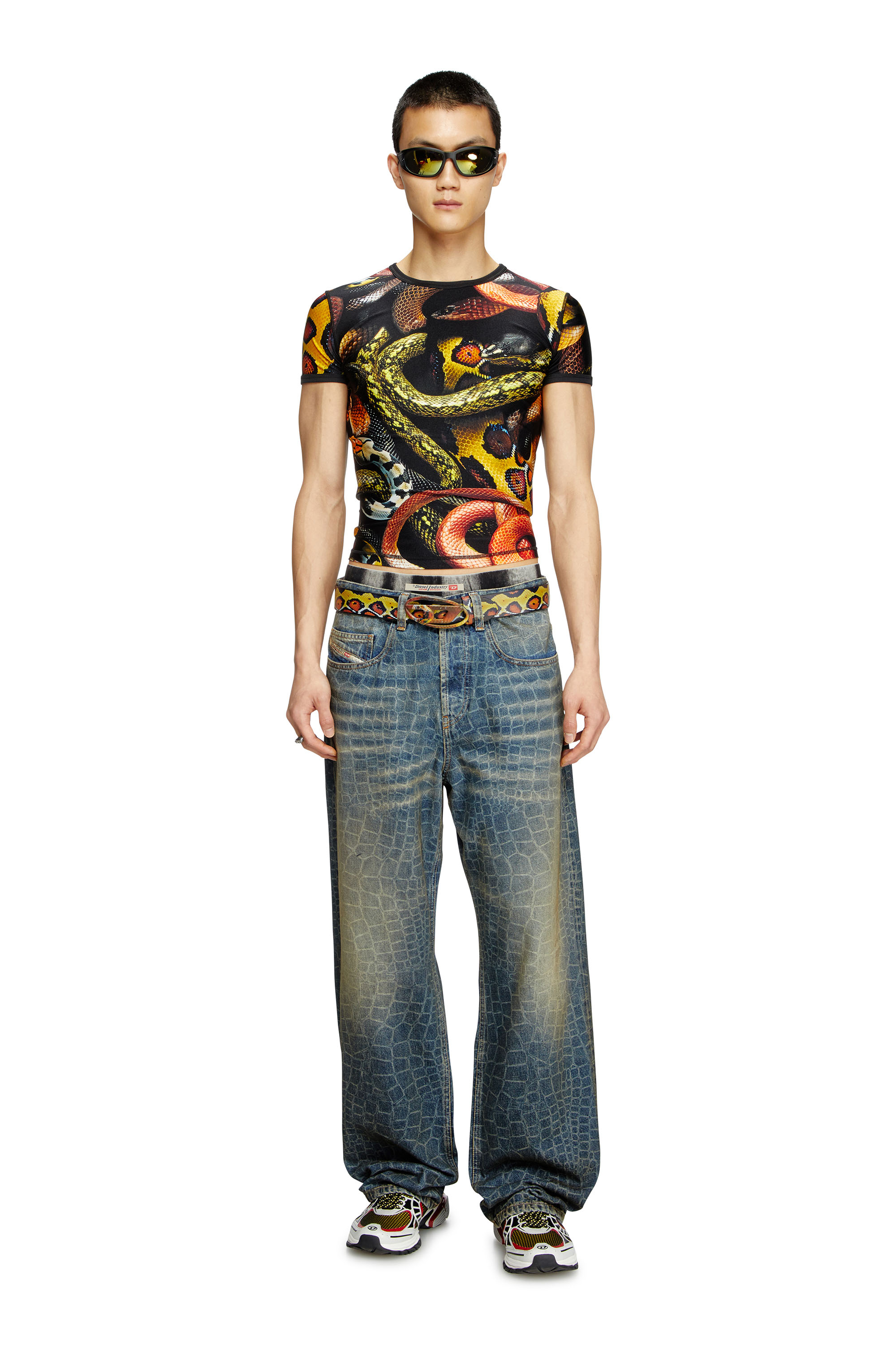 Diesel - CL-T-UNCLE-SNAKE, Unisex's Lycra T-shirt with all-over snake print in Black/Yellow - 1