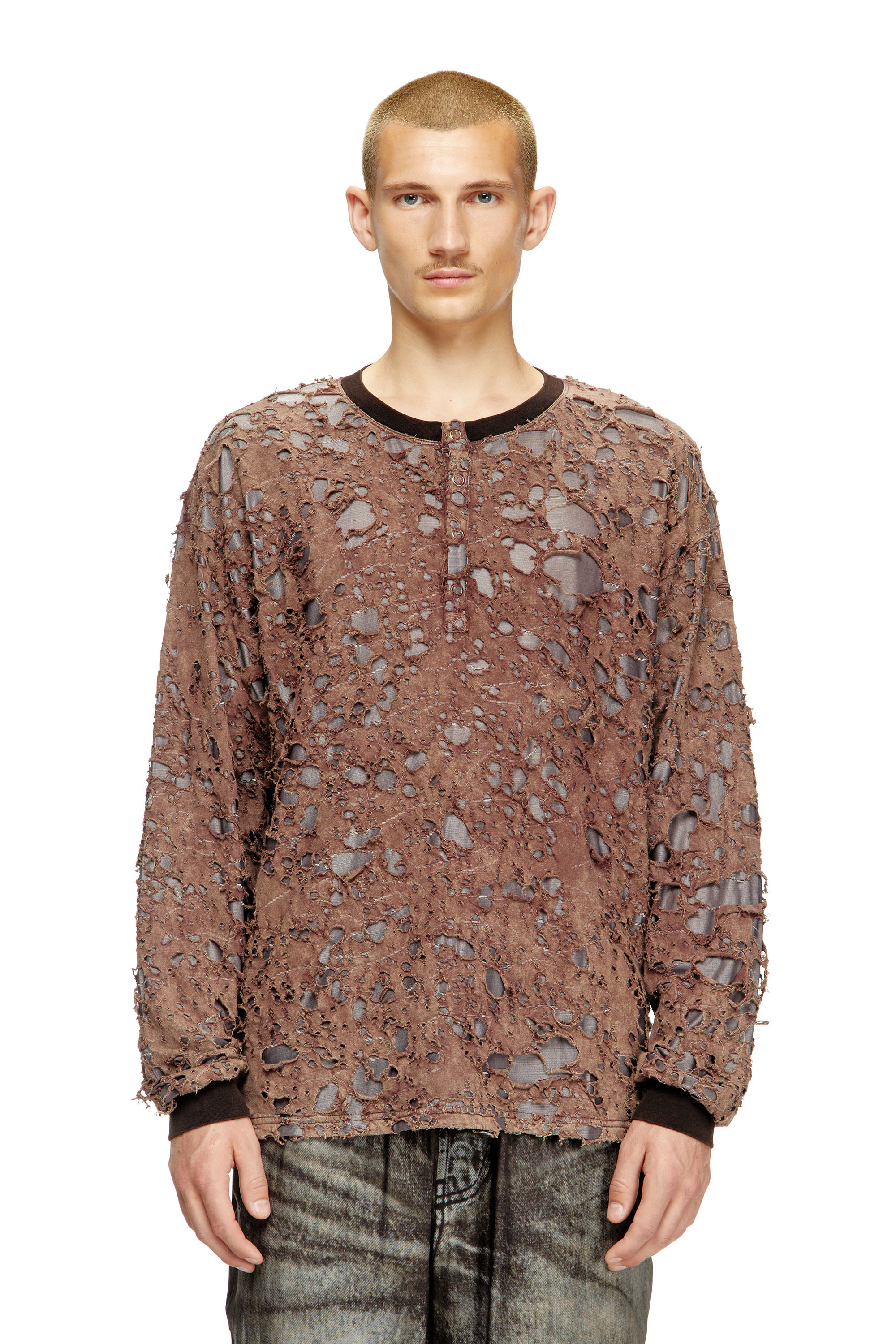 Diesel - T-OVERT, Man's Long-sleeve T-shirt in destroyed jersey in Brown - 3