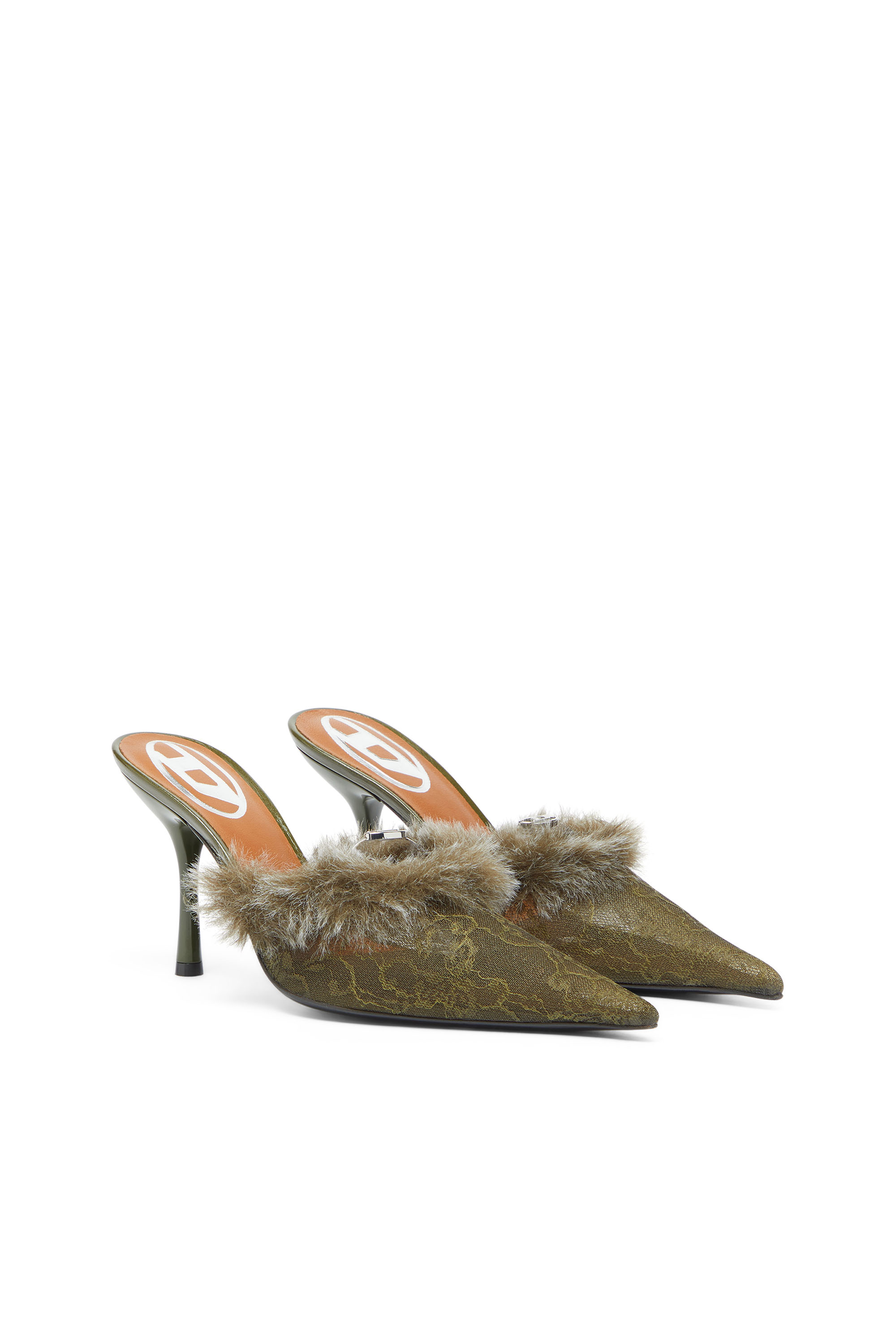 Diesel - D-JEWELS  MULE FUR 90, Woman's D-Ten&Half - Mules in nylon with fuzzy trim in Military Green - 2