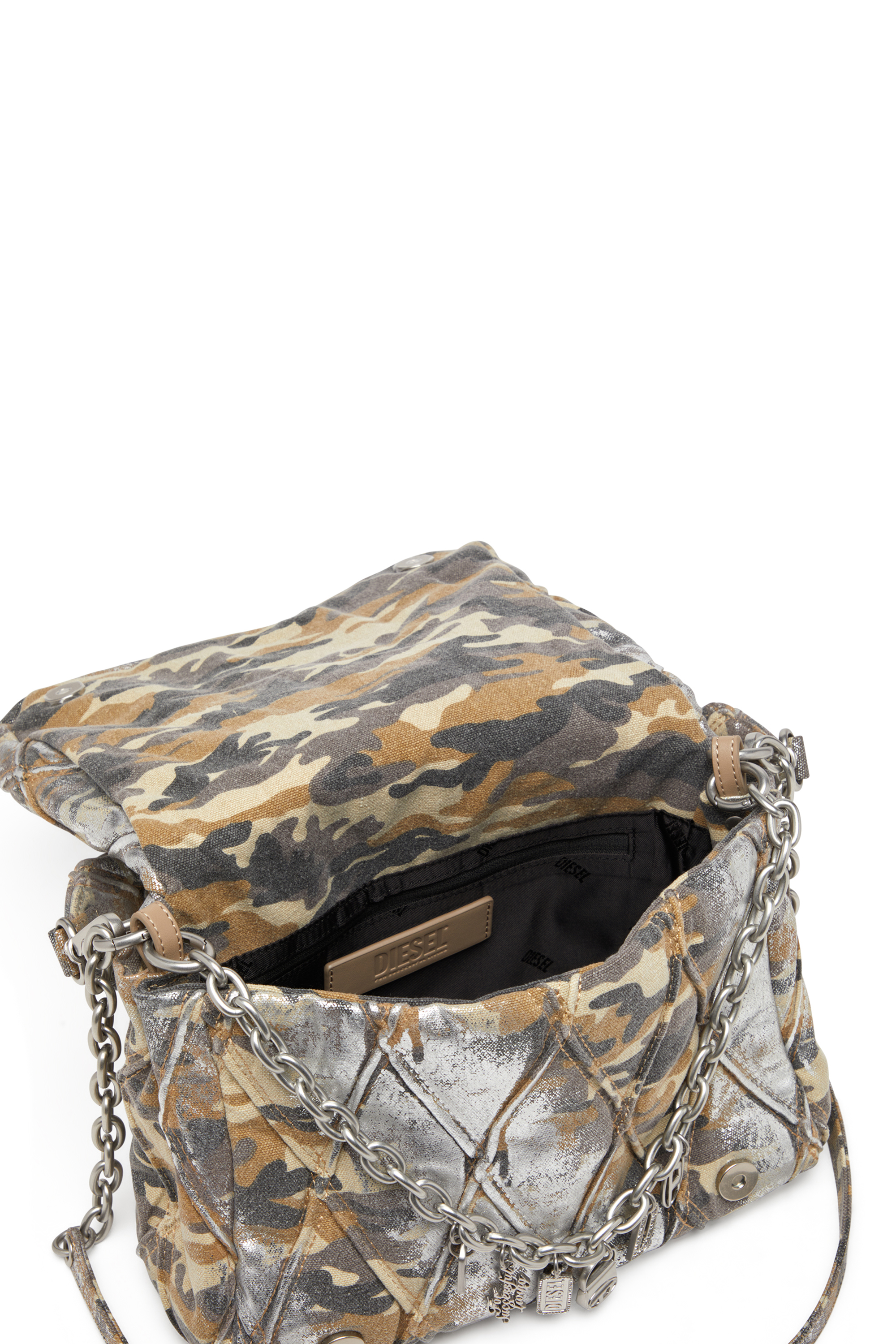 Diesel - CHARM-D SHOULDER M, Woman's Shoulder bag in metallic camo canvas in Multicolor/Brown - 4