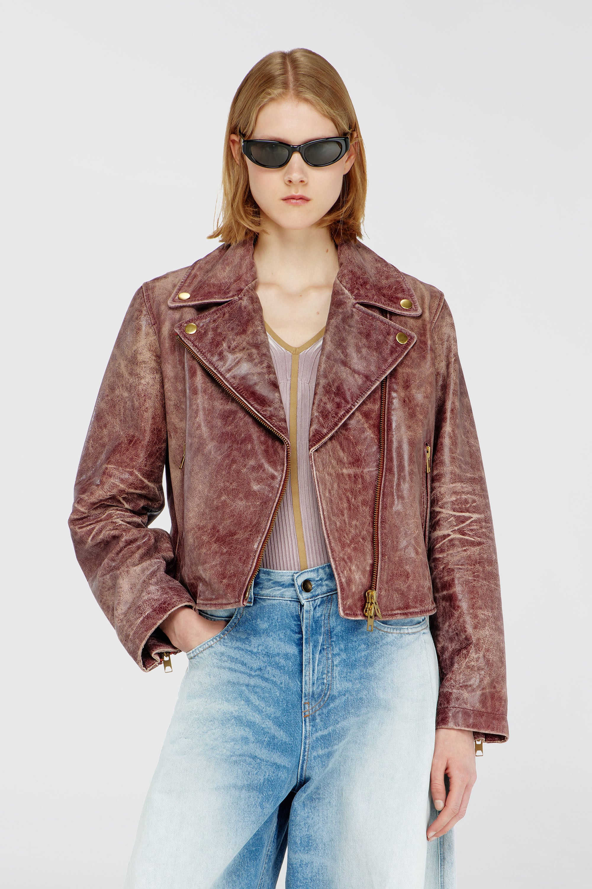 Diesel - L-UNATIC-T1, Woman's Biker jacket in treated leather in Brown - 1